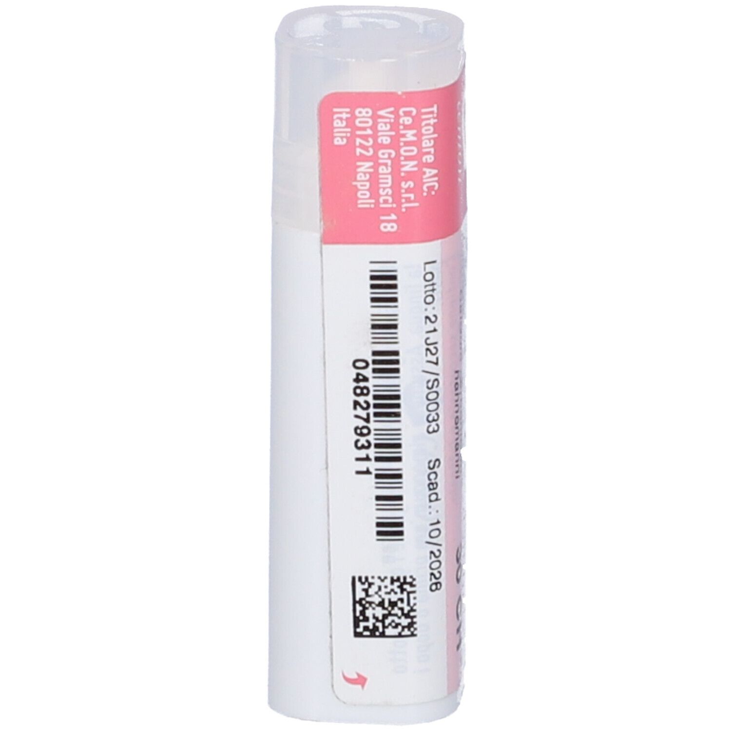 Flacone bianco con etichetta rosa. Scritte: Thiolare AIC, Lotto, Scad. Codice a barre. Tappo trasparente.