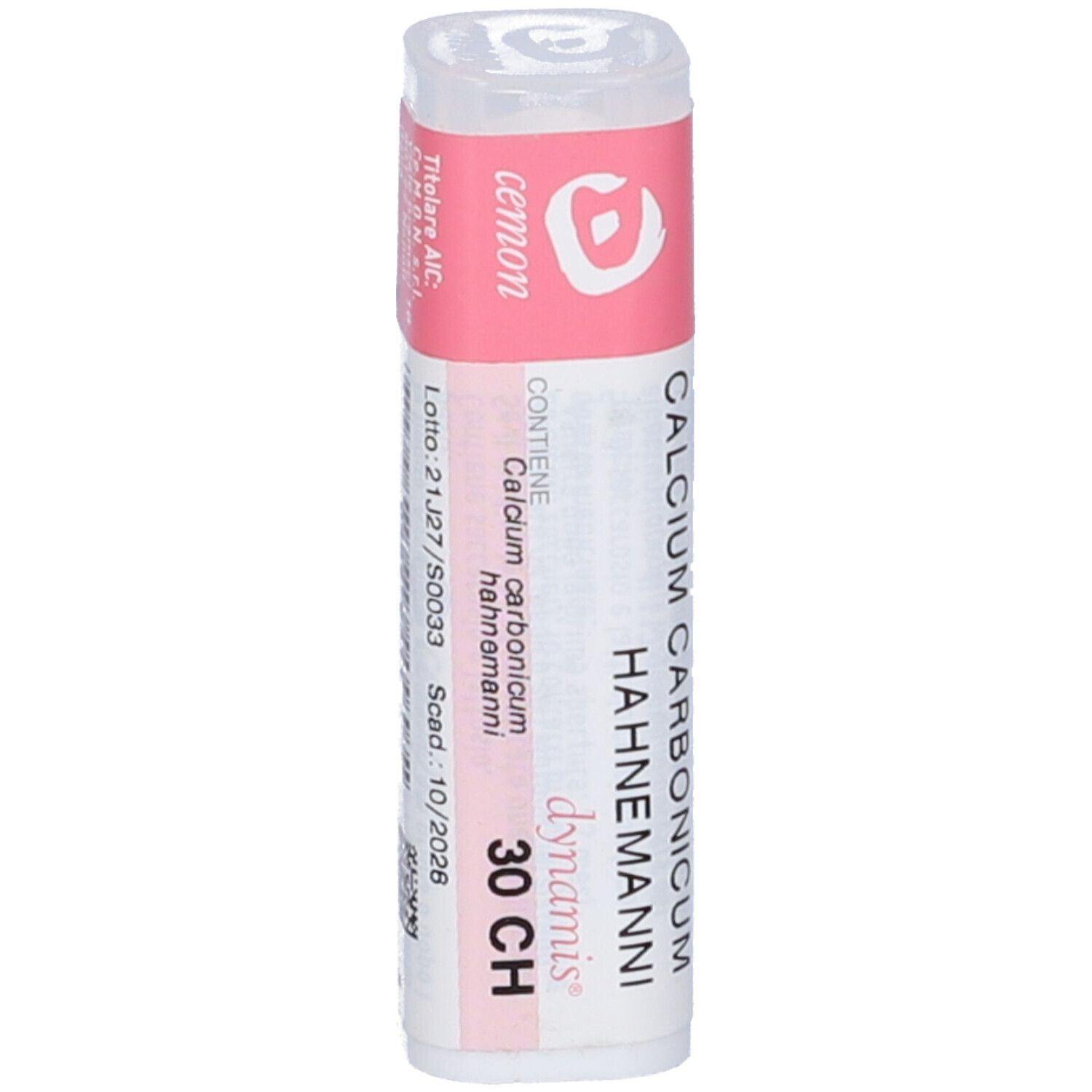 Flacone bianco con etichetta rosa. Scritte: Calcium Carbonicum Hahnemanni 30 CH, cemon, dynamis. Tappo trasparente.