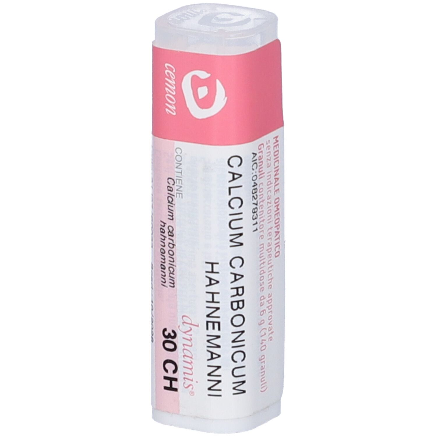 Flacone bianco con etichetta rosa. Scritte: Calcium Carbonicum Hahnemanni, cemon, dynamis. Tappo trasparente.