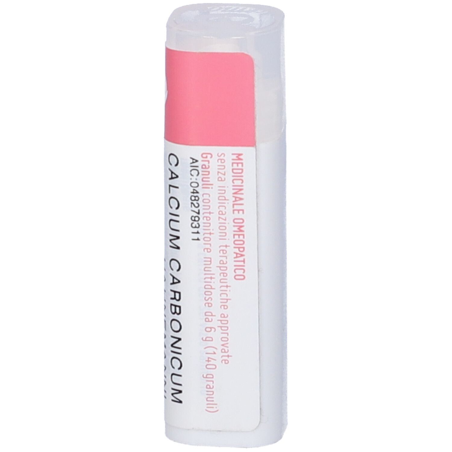 Flacone bianco con etichetta rosa. Scritte: Calcium Carbonicum, cemon, dynamis. Tappo trasparente.