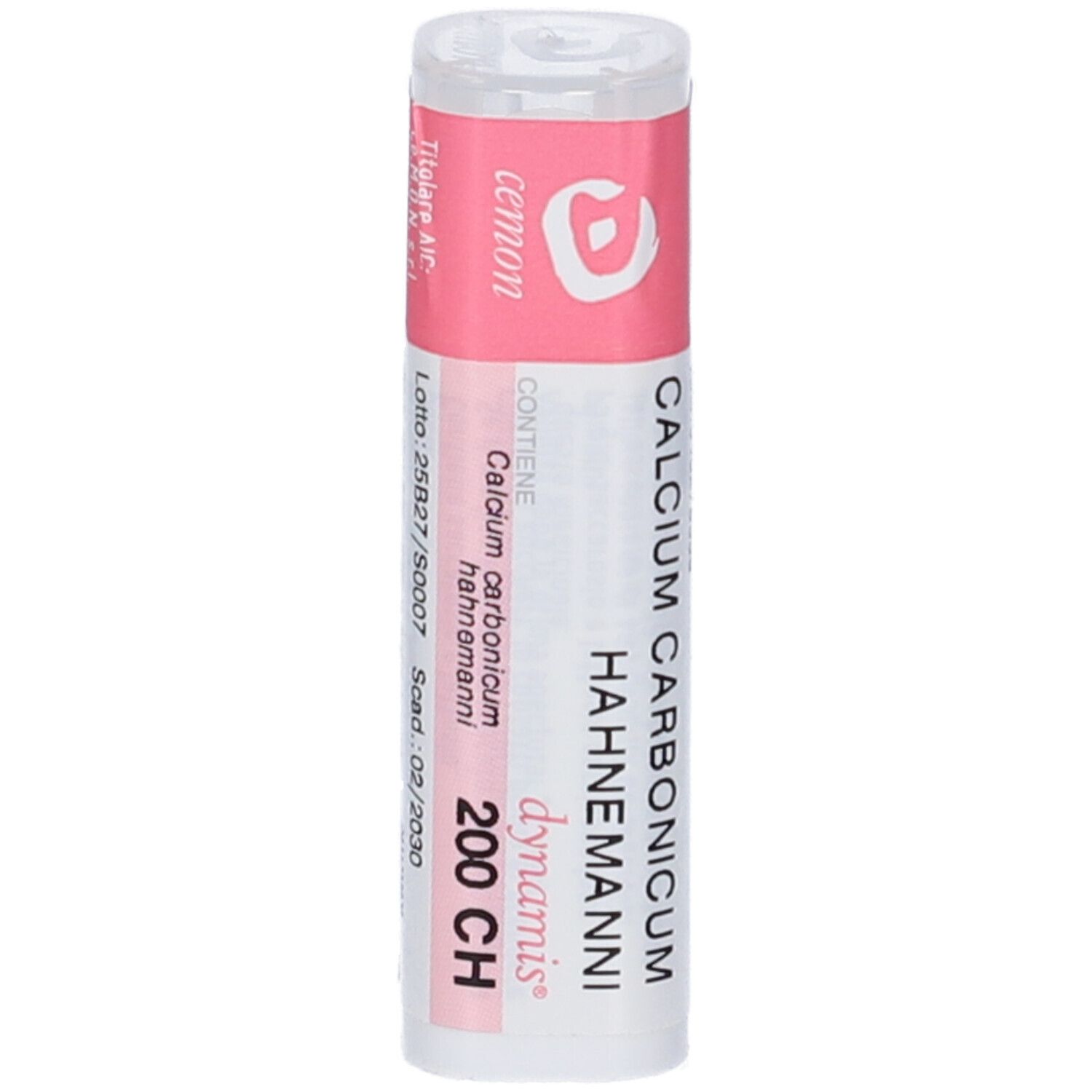 Contenitore cilindrico bianco con etichetta rosa. Scritta: Calcium Carbonicum Hahnemanni 200 CH. Informazioni del produttore.
