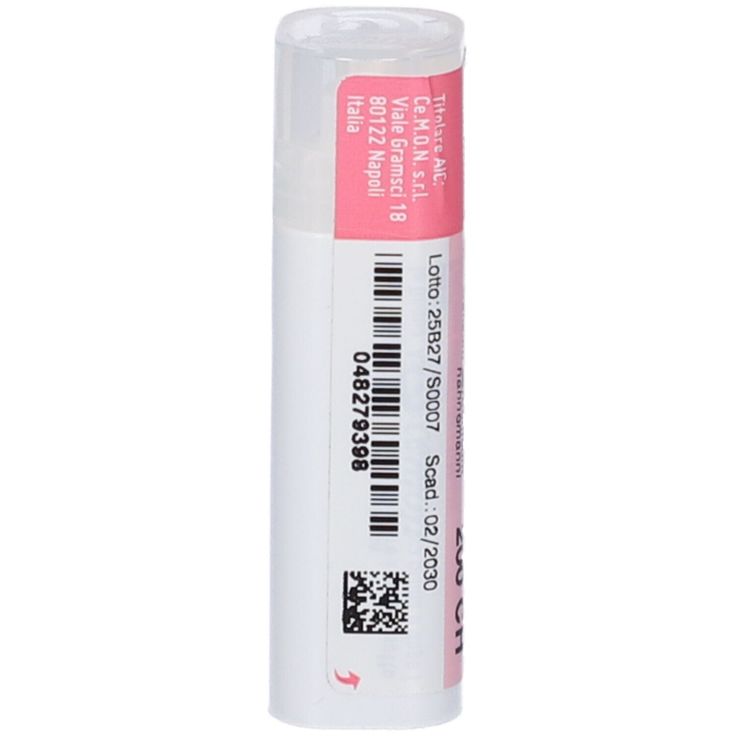 Contenitore cilindrico bianco con etichetta rosa. Codice a barre e numero di lotto. Indirizzo del produttore e scadenza 02/2030.