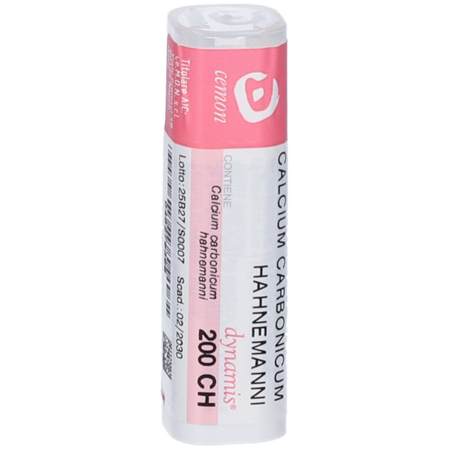 Contenitore cilindrico bianco con etichetta rosa. Scritta: Calcium Carbonicum Hahnemanni 200 CH. Informazioni del produttore.