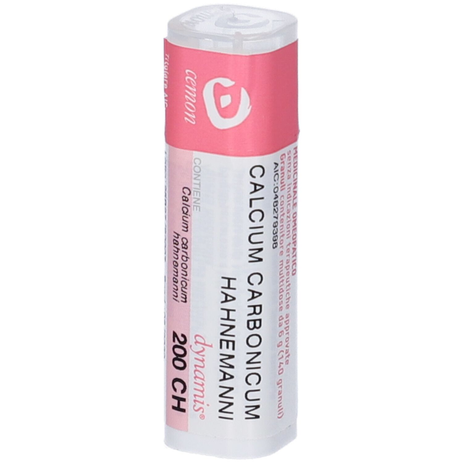 Contenitore cilindrico bianco con etichetta rosa. Scritta: Calcium Carbonicum Hahnemanni 200 CH. Informazioni aggiuntive.