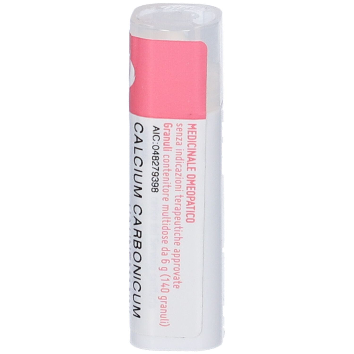 Contenitore cilindrico bianco con etichetta rosa. Scritta: Calcium Carbonicum. Informazioni aggiuntive e dosaggio.