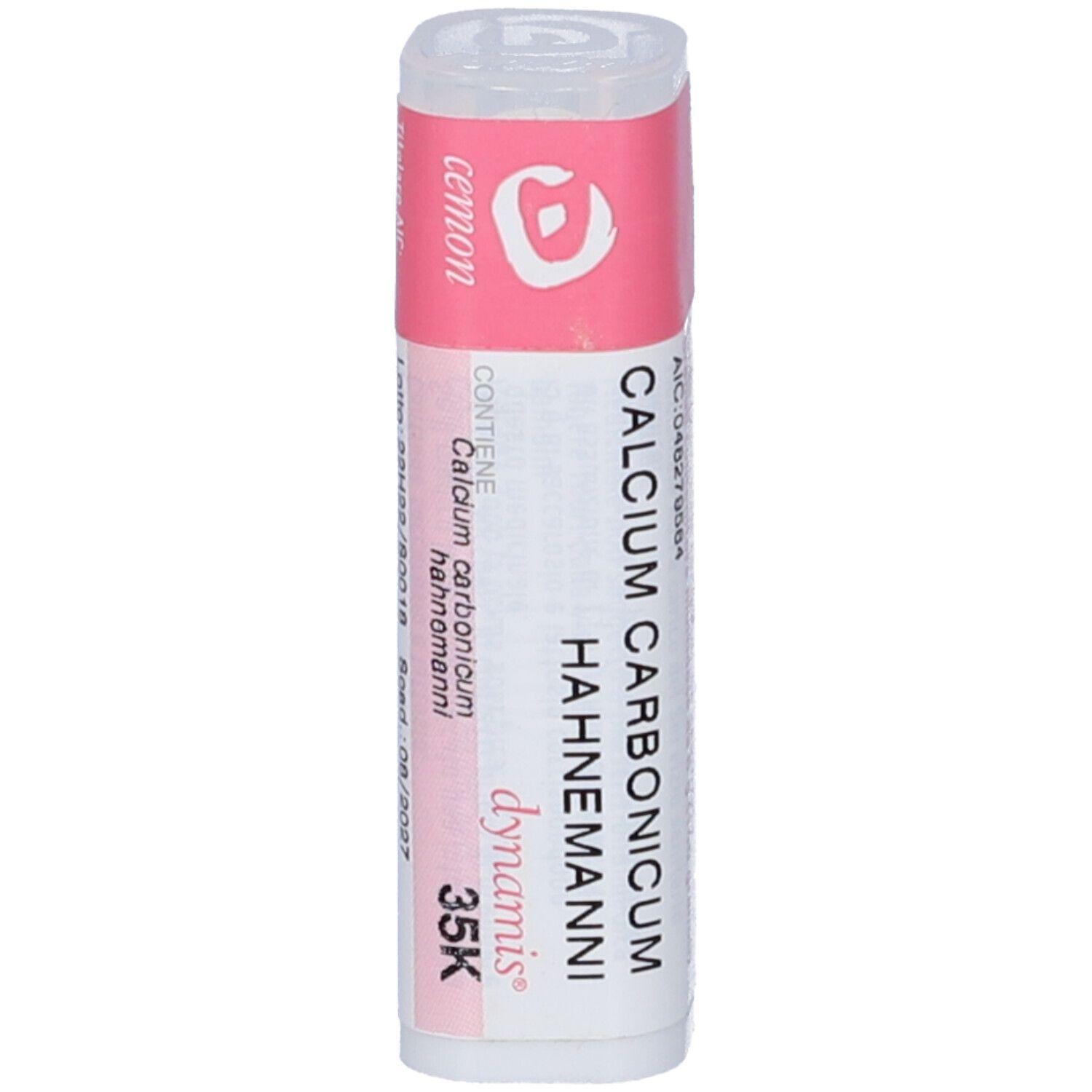 Flacone cilindrico bianco con etichetta rosa. Scritta: Calcium Carbonicum Hahnemanni, 35K, Cemon. Tappo trasparente.