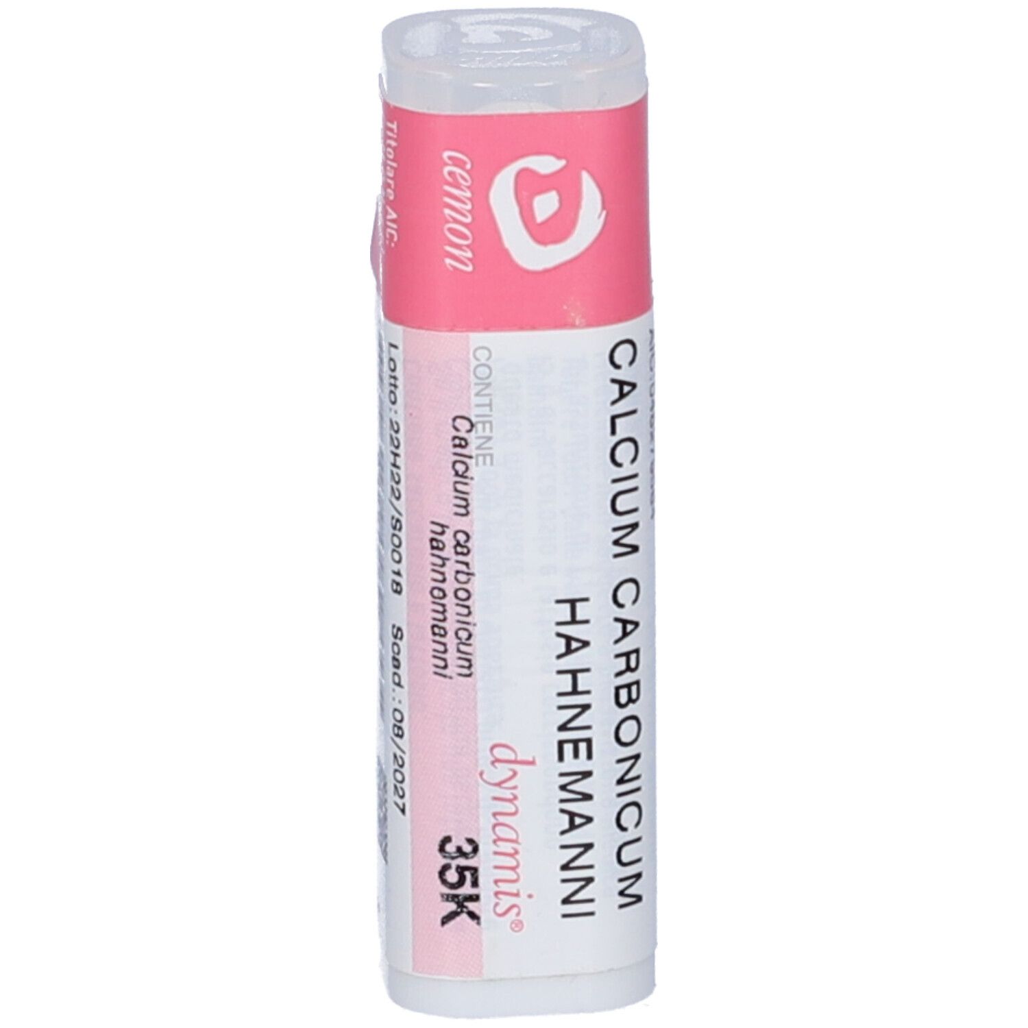 Flacone cilindrico bianco con etichetta rosa. Scritta: Calcium Carbonicum Hahnemanni, 35K, Cemon. Tappo trasparente.