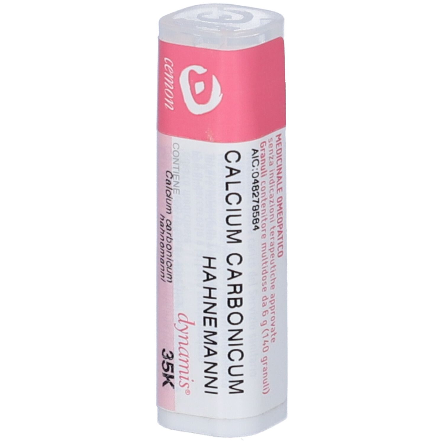 Flacone cilindrico bianco con etichetta rosa. Scritta: Calcium Carbonicum Hahnemanni, 35K. Tappo trasparente.