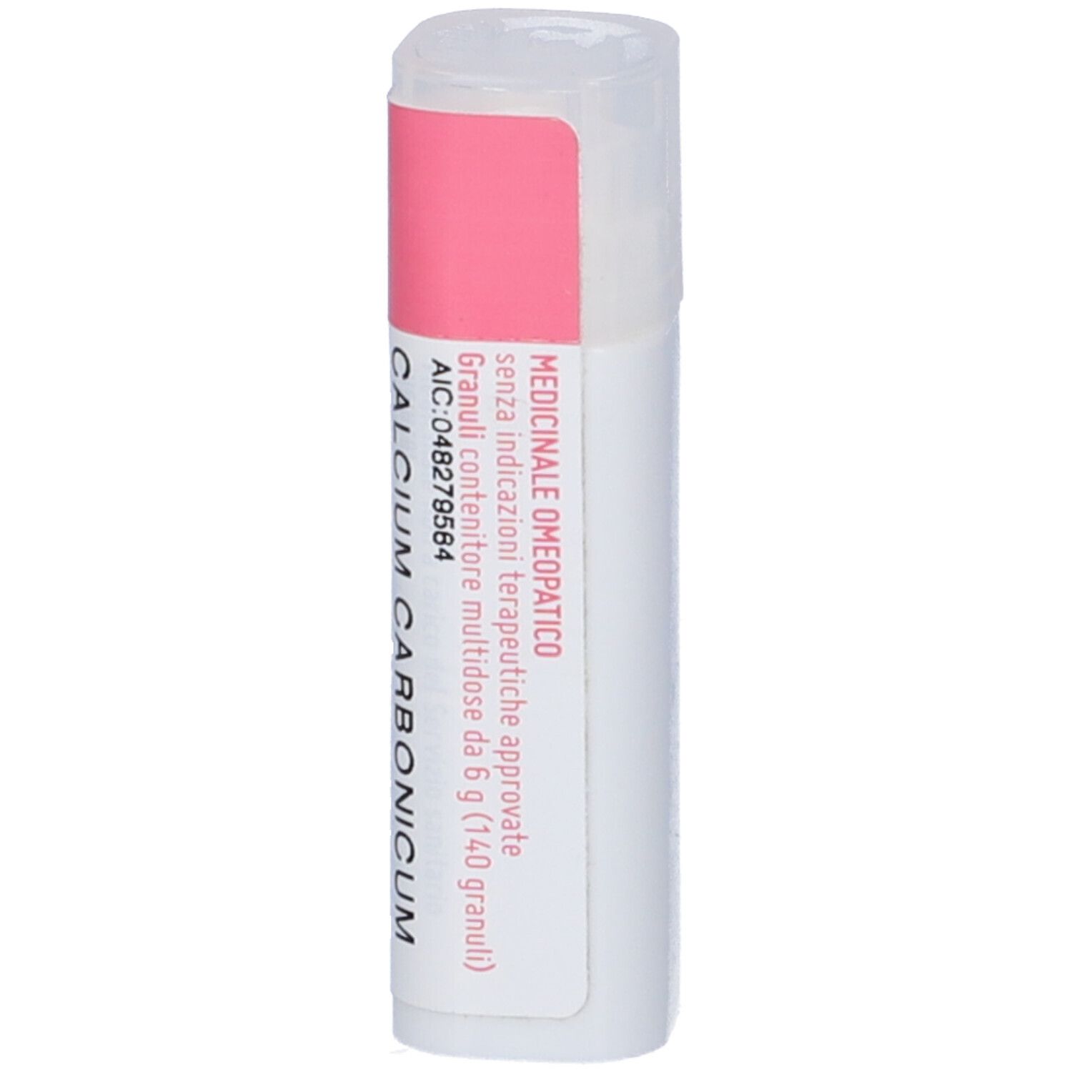 Flacone cilindrico bianco con etichetta rosa. Scritta: Calcium Carbonicum Hahnemanni, 35K. Tappo trasparente.