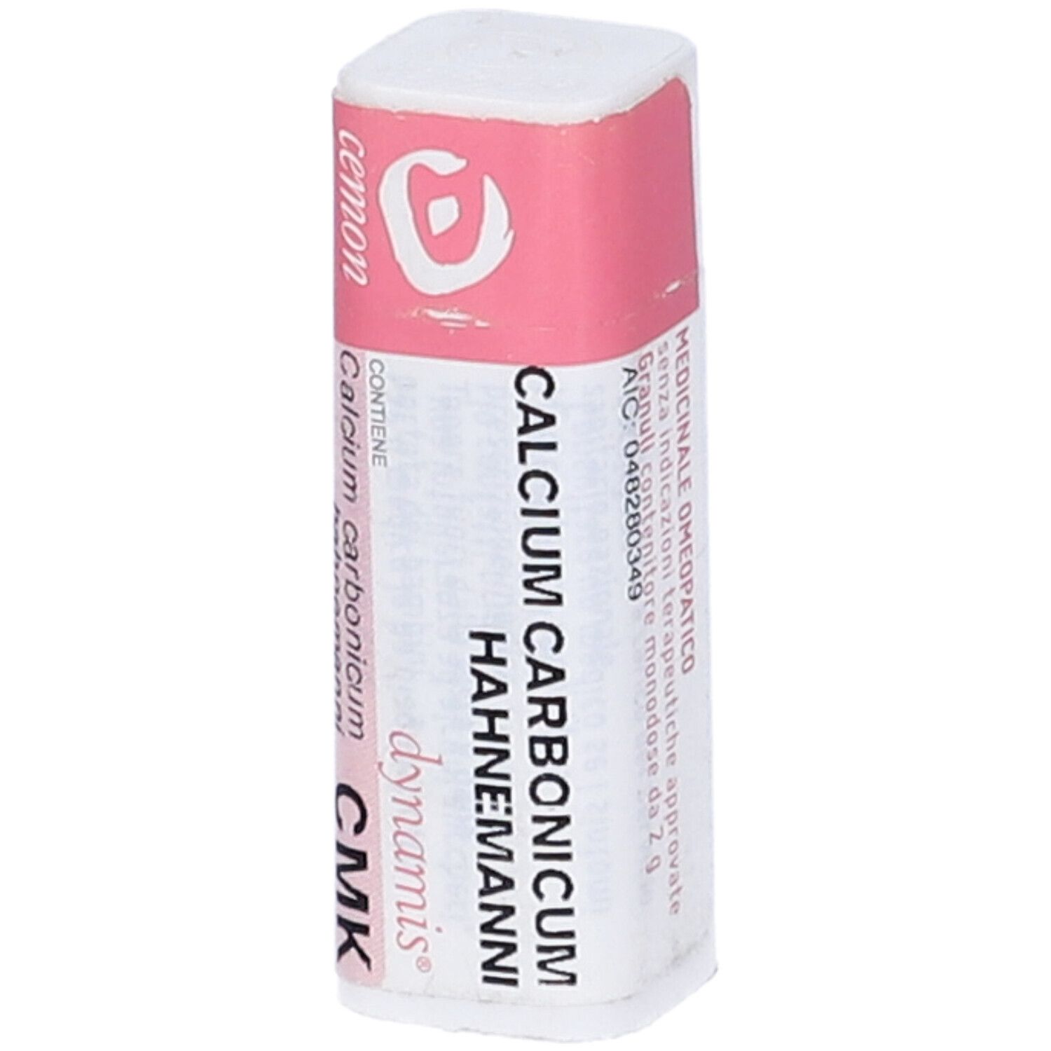 Confezione cilindrica con etichetta rosa e bianca. Scritte: Calcium Carbonicum Hahnemanni CMK.