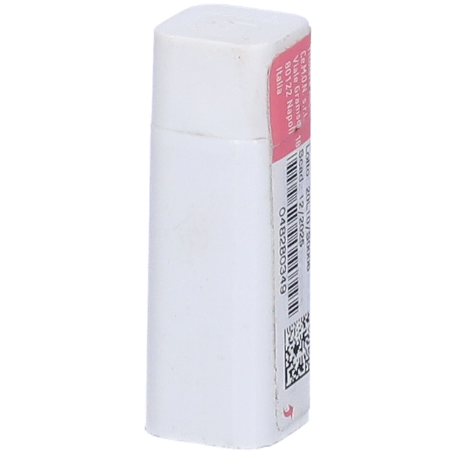 Confezione cilindrica con etichetta rosa e bianca. Scritte: indirizzo, numero di lotto e scadenza.