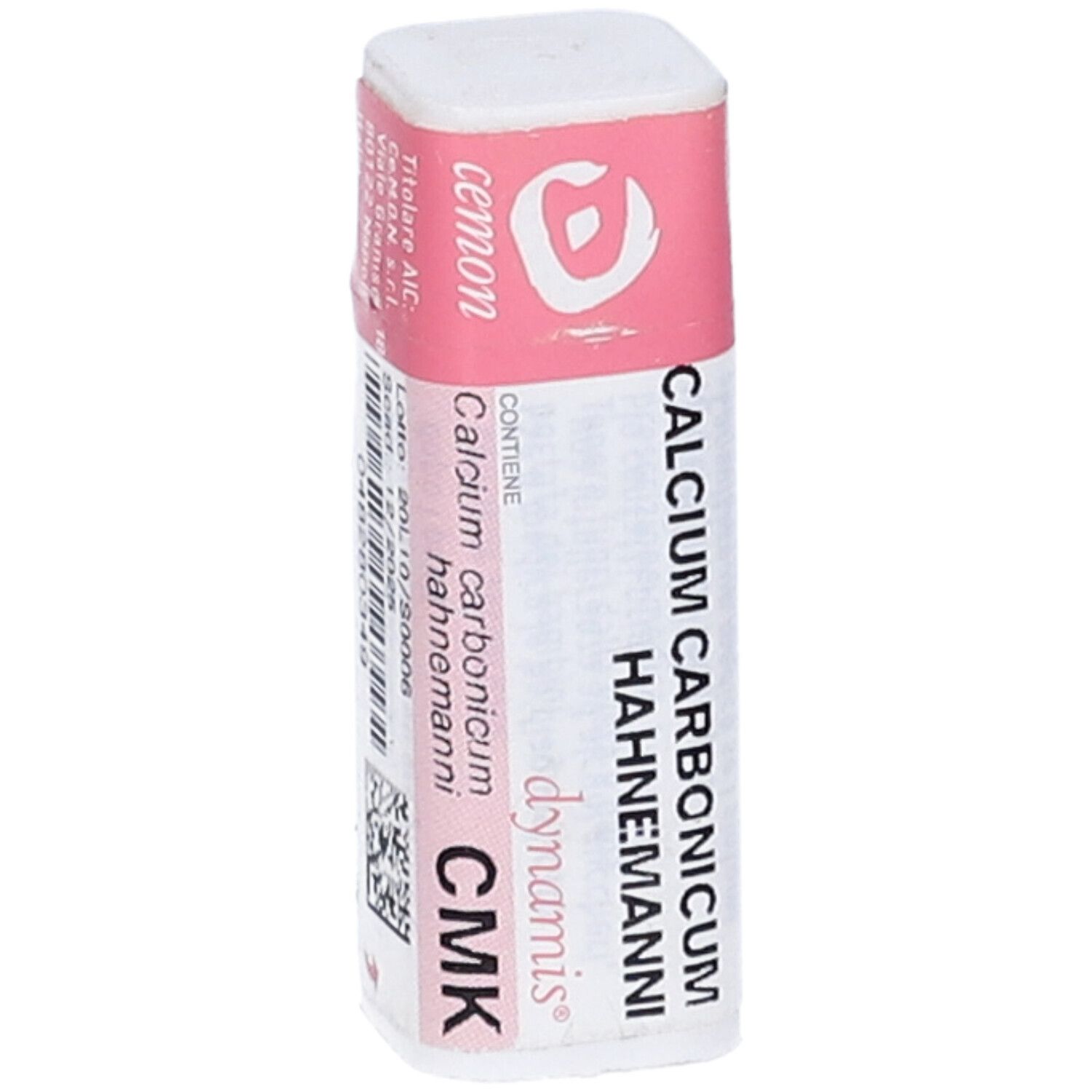 Confezione cilindrica con etichetta rosa e bianca. Scritte: Calcium Carbonicum Hahnemanni CMK, cemon, lotto e scadenza.