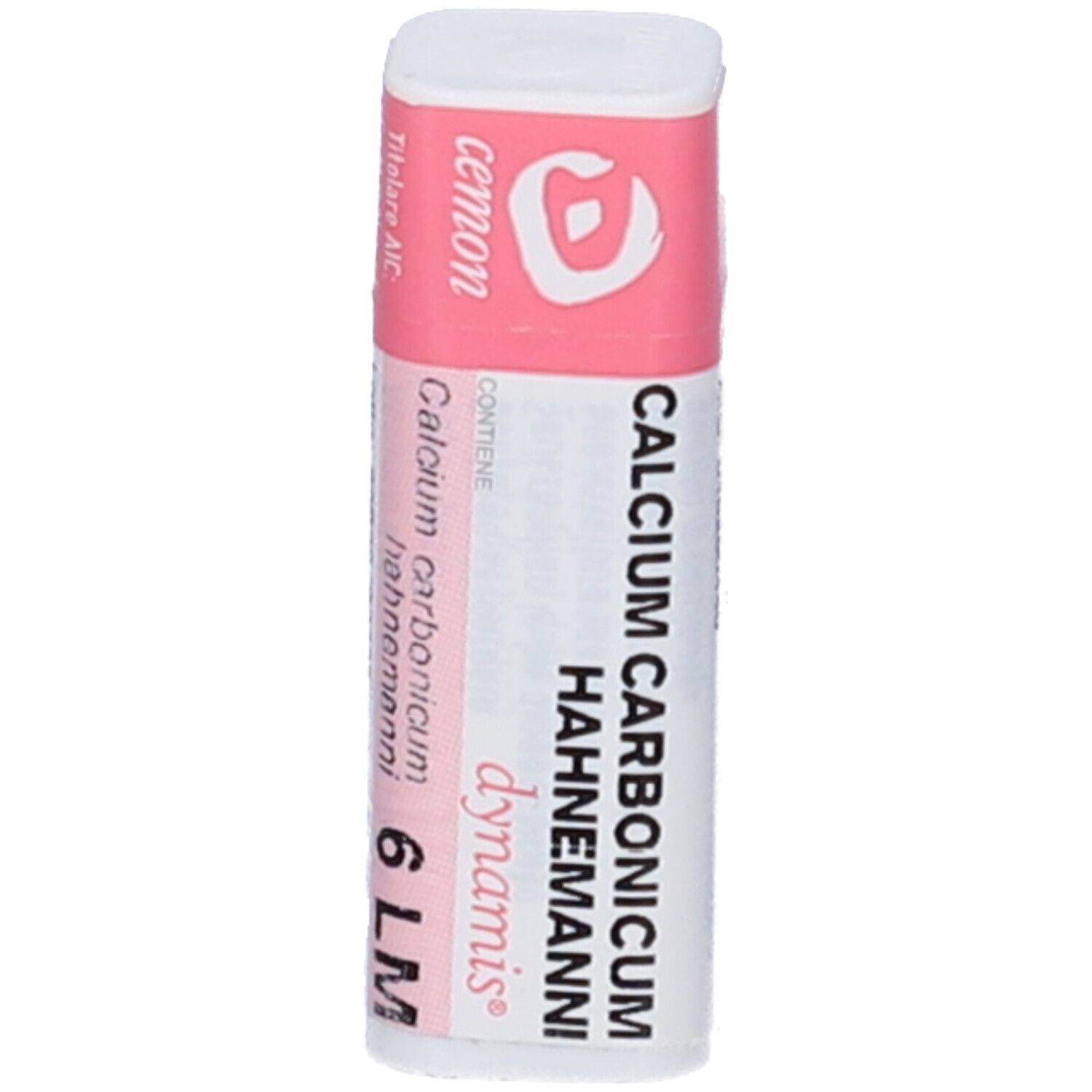 Confezione cilindrica con coperchio rosa. Scritte: Calcium Carbonicum Hahnemanni 6 LM. Marchio: cemon.