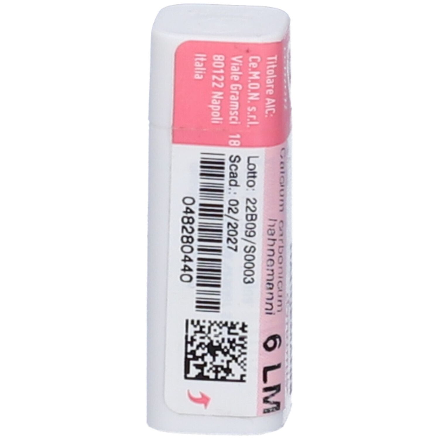 Confezione cilindrica con coperchio rosa. Scritte: Calcium Carbonicum Hahnemanni 6 LM. Marchio: cemon.