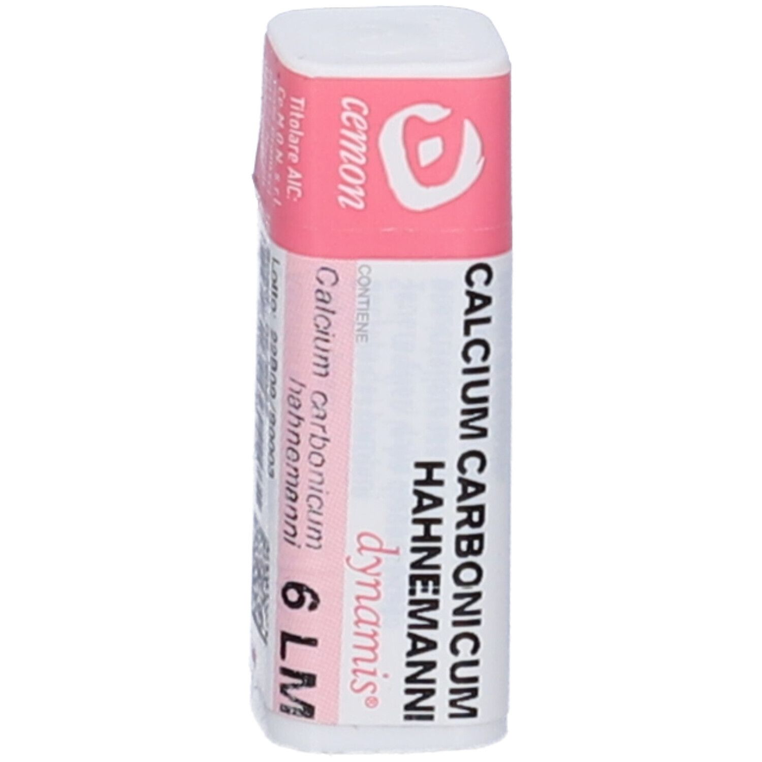 Confezione cilindrica, bianca con coperchio rosa. Scritte: cemon, Calcium Carbonicum Hahnemanni 6 LM.