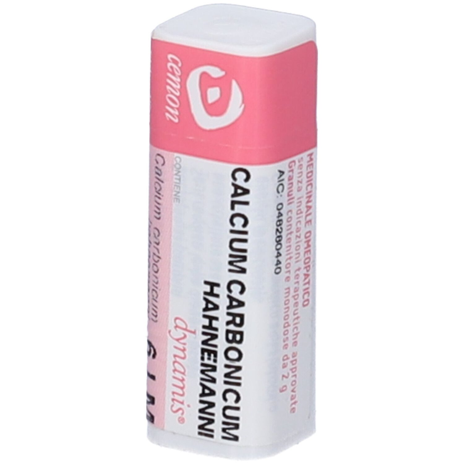 Confezione cilindrica, bianca con coperchio rosa. Scritte: cemon, Calcium Carbonicum Hahnemanni 6 LM.