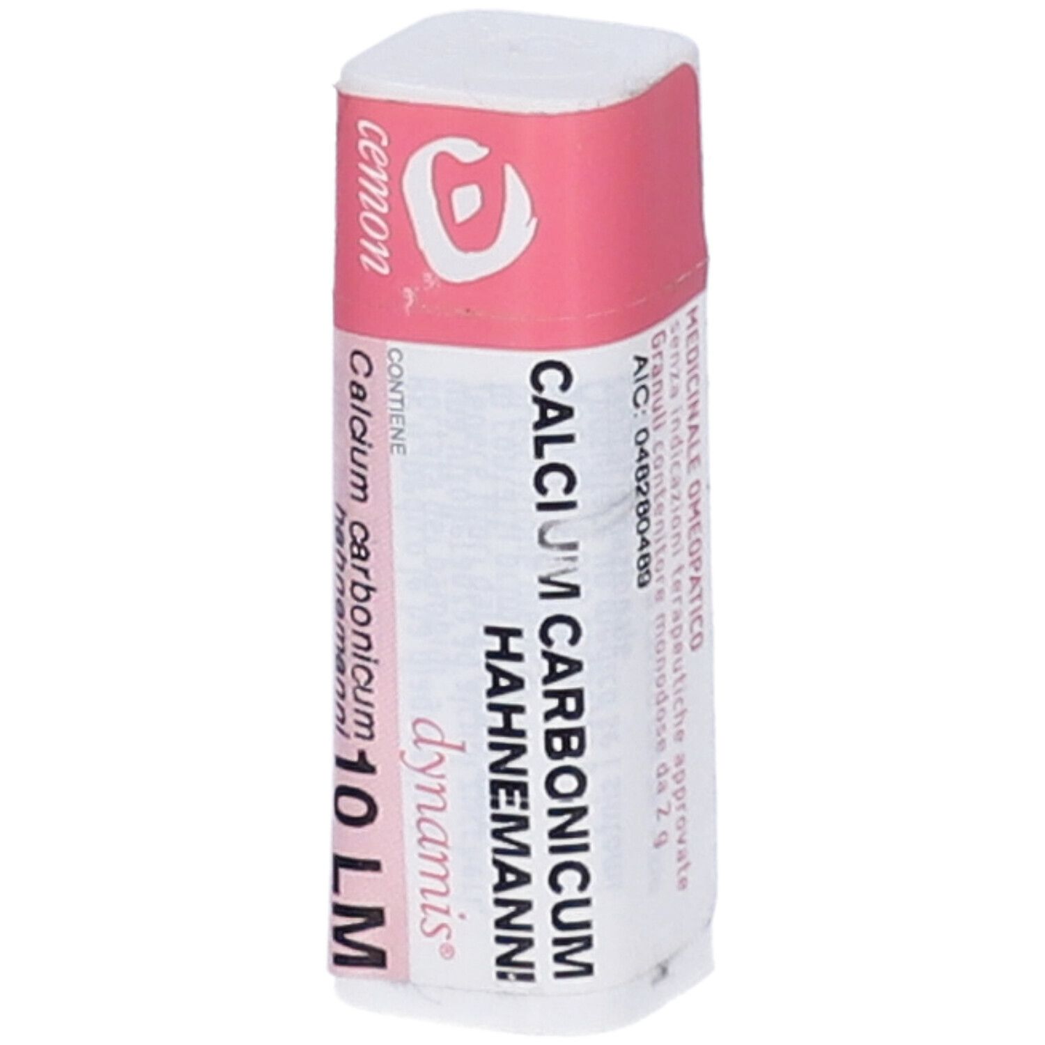Contenitore cilindrico, rosa e bianco. Contiene 'Calcium Carbonicum Hahnemanni 10 LM'.