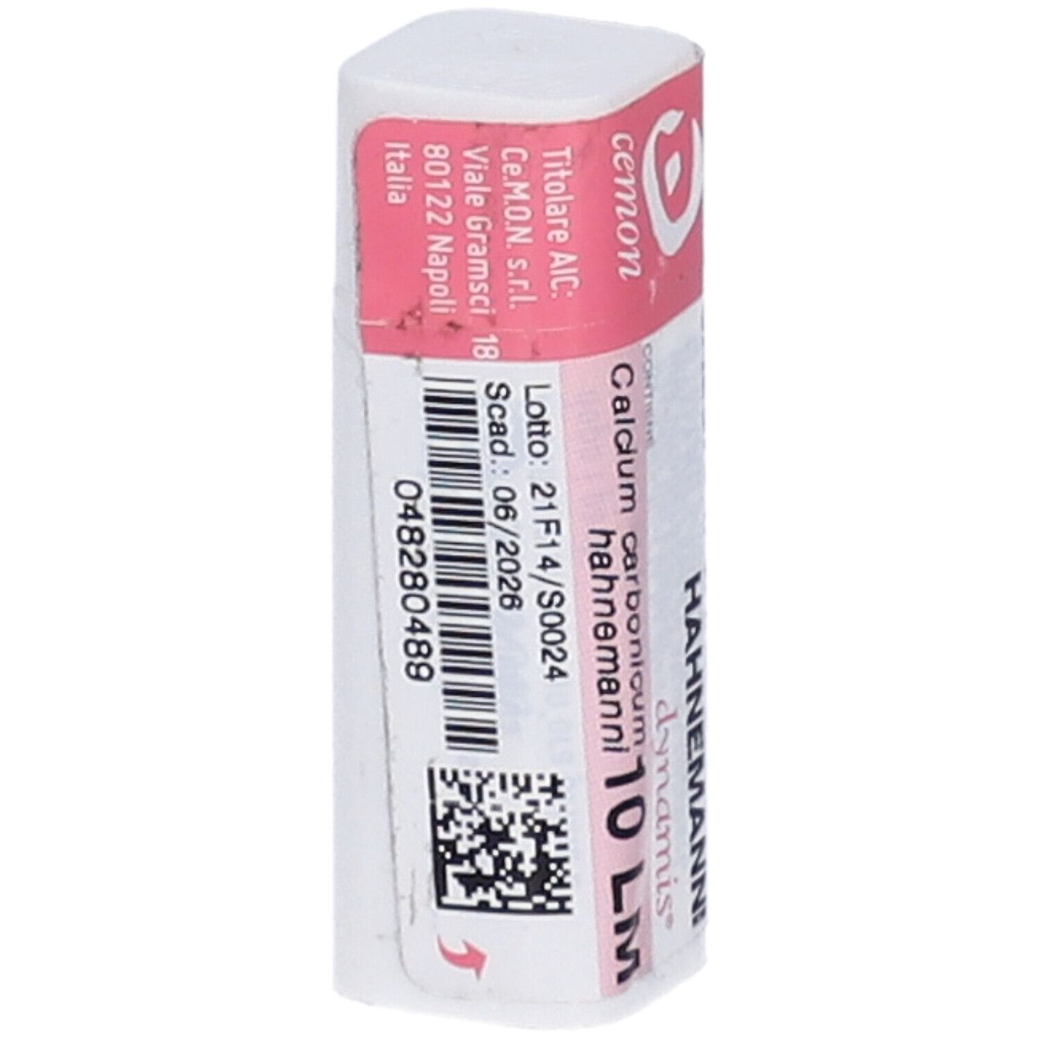 Contenitore cilindrico, rosa e bianco. Contiene 'Calcium Carbonicum Hahnemanni 10 LM'.