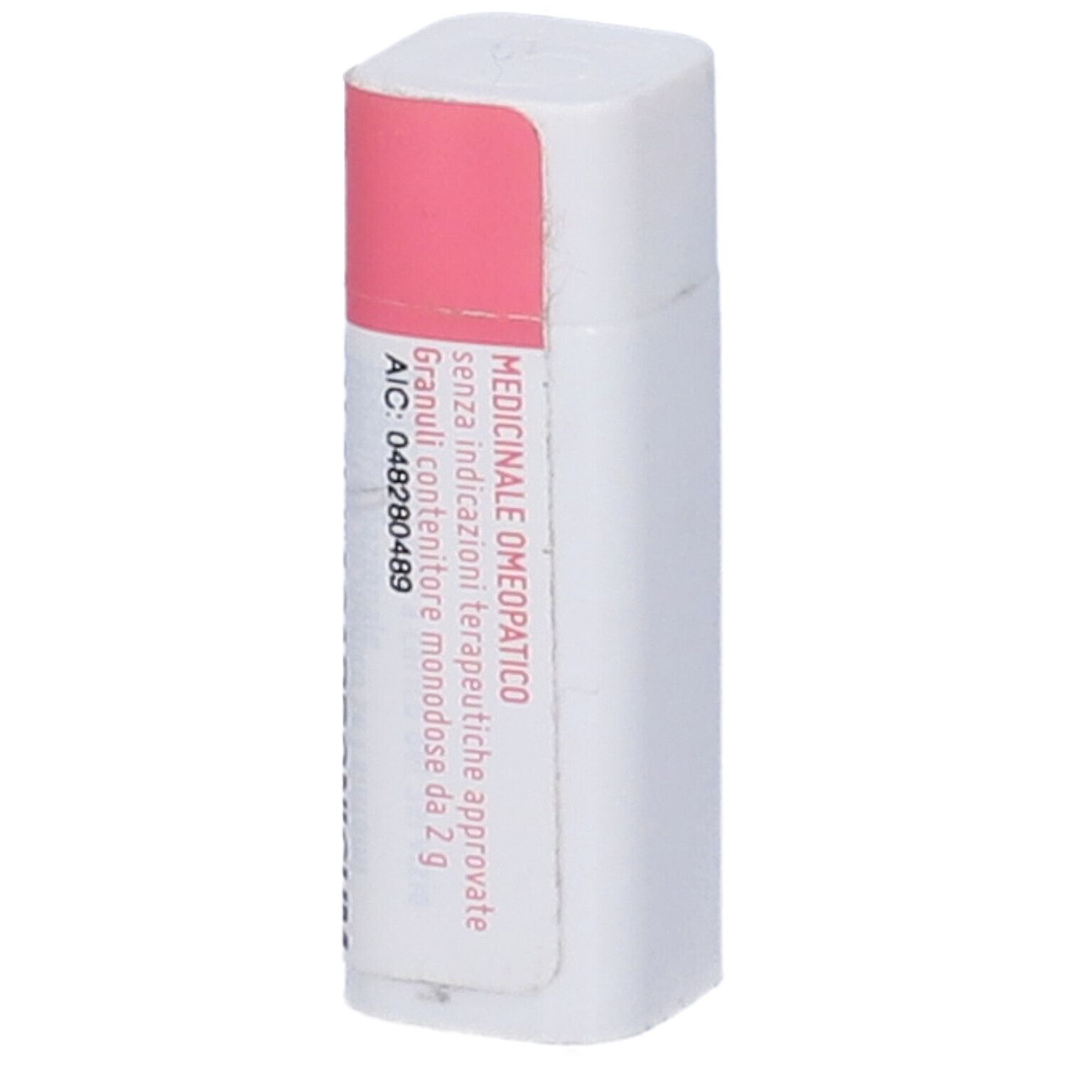 Contenitore rettangolare bianco con etichetta rosa. Contiene informazioni e codice QR.