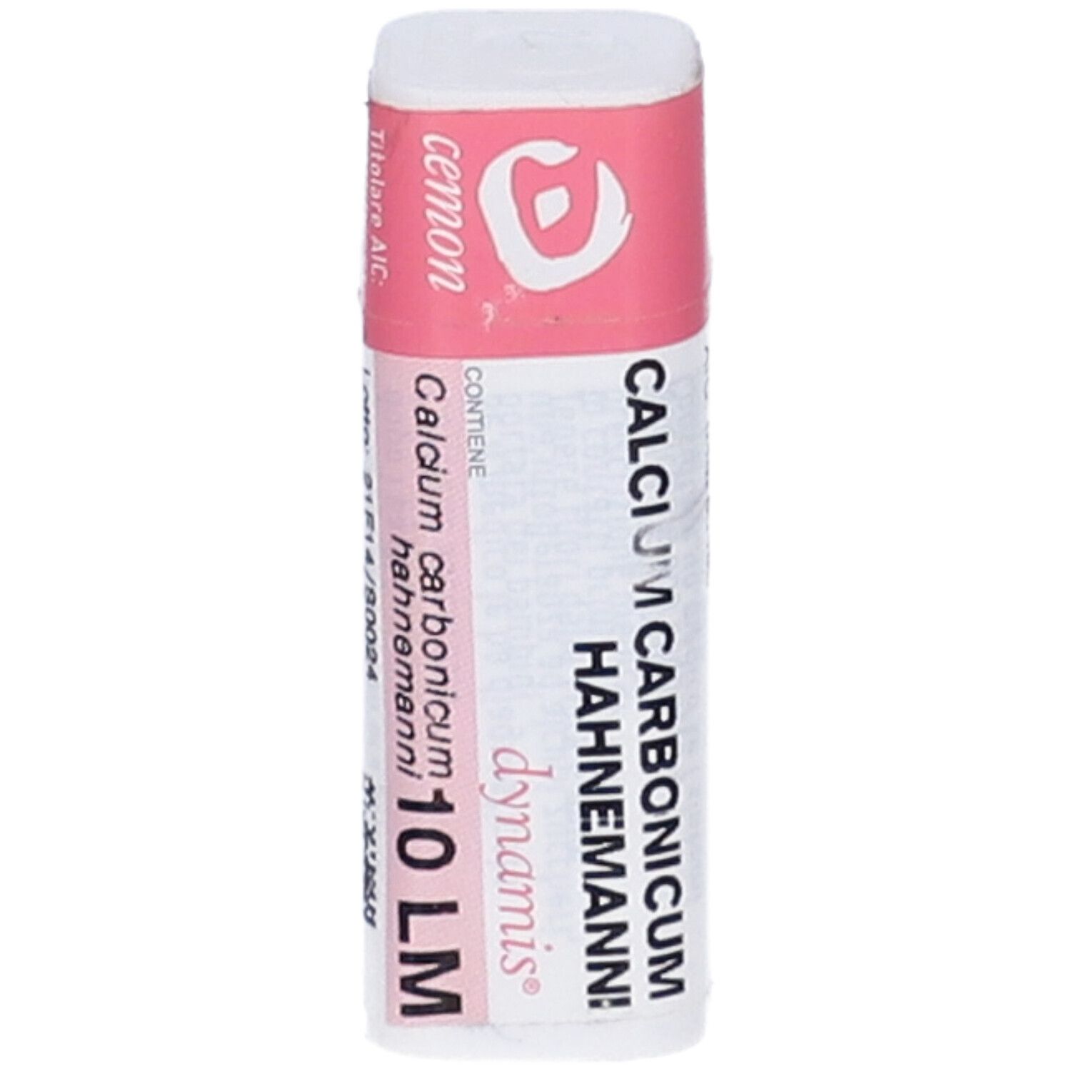 Contenitore cilindrico, rosa e bianco. Contiene 'Calcium Carbonicum Hahnemanni 10 LM'.