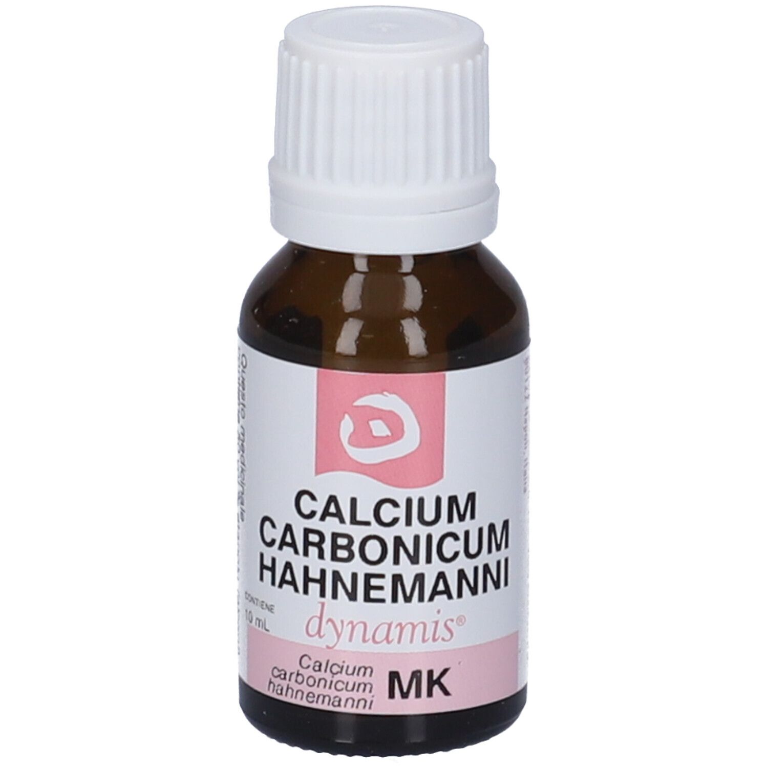 Flacone di vetro marrone con tappo bianco ed etichetta rosa. L'etichetta riporta "CALCIUM CARBONICUM HAHNEMANNI dynamis MK".