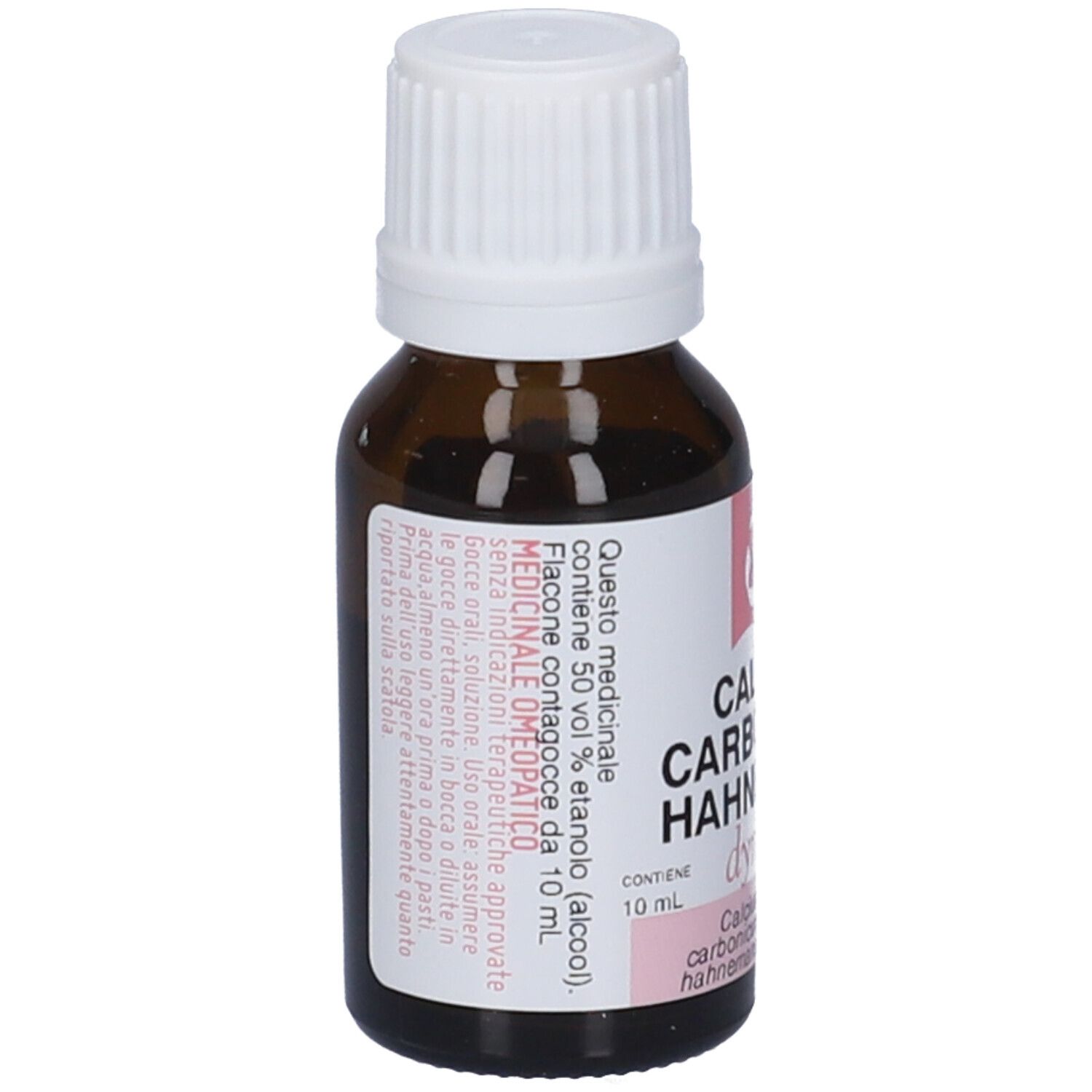 Flacone di vetro marrone con tappo bianco ed etichetta rosa. L'etichetta riporta "CALCIUM CARBONICUM HAHNEMANNI dynamis MK".