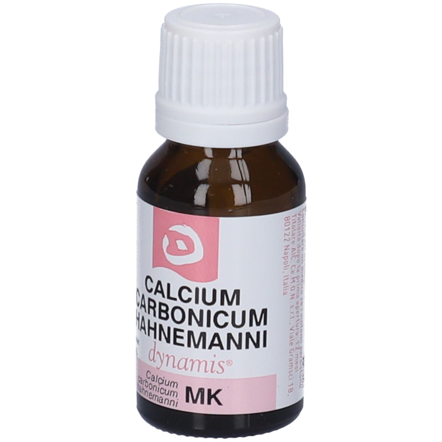 Flacone di vetro marrone con tappo bianco. L'etichetta riporta "CALCIUM CARBONICUM HAHNEMANNI dynamis MK".