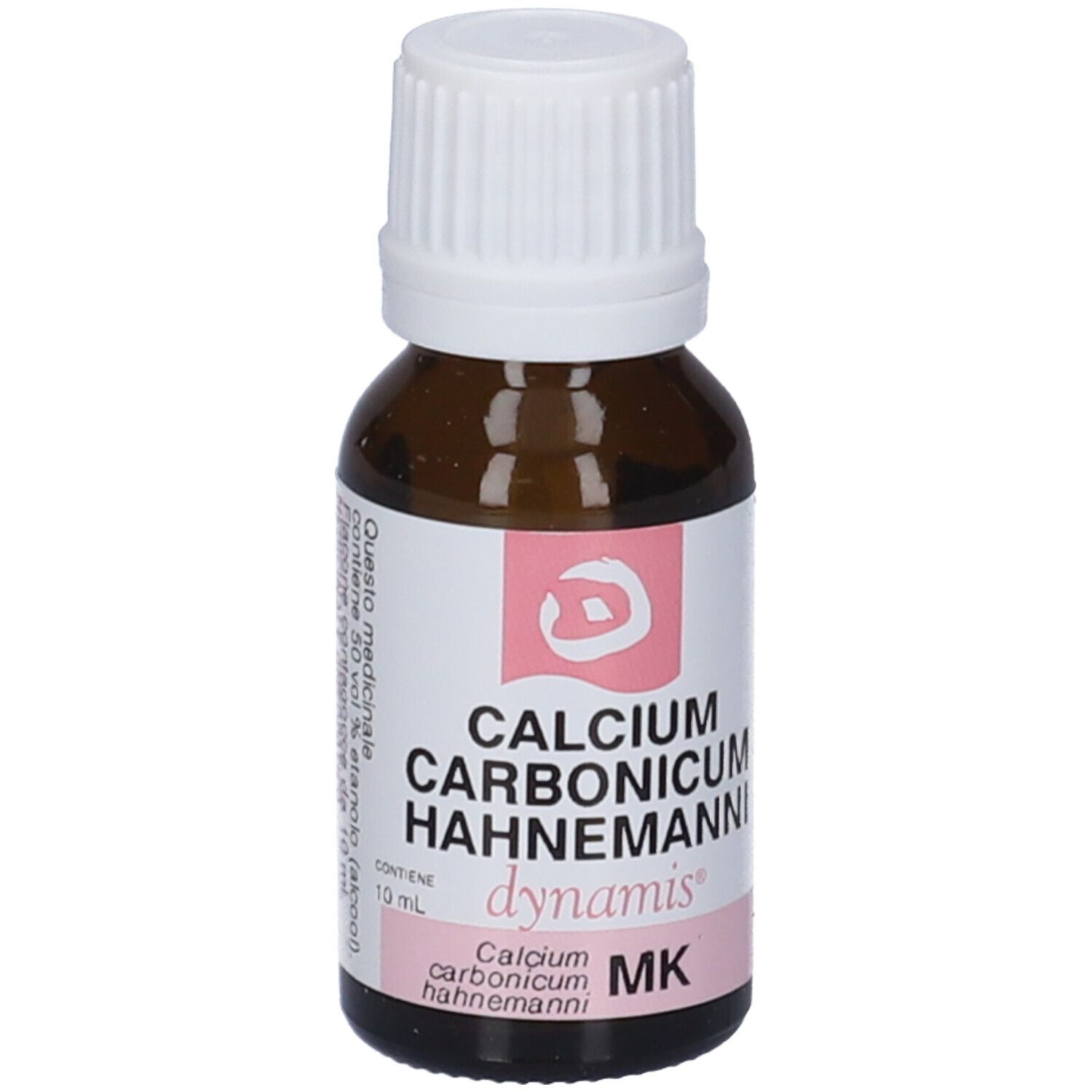 Flacone di vetro marrone con tappo bianco. L'etichetta riporta "CALCIUM CARBONICUM HAHNEMANNI dynamis MK".