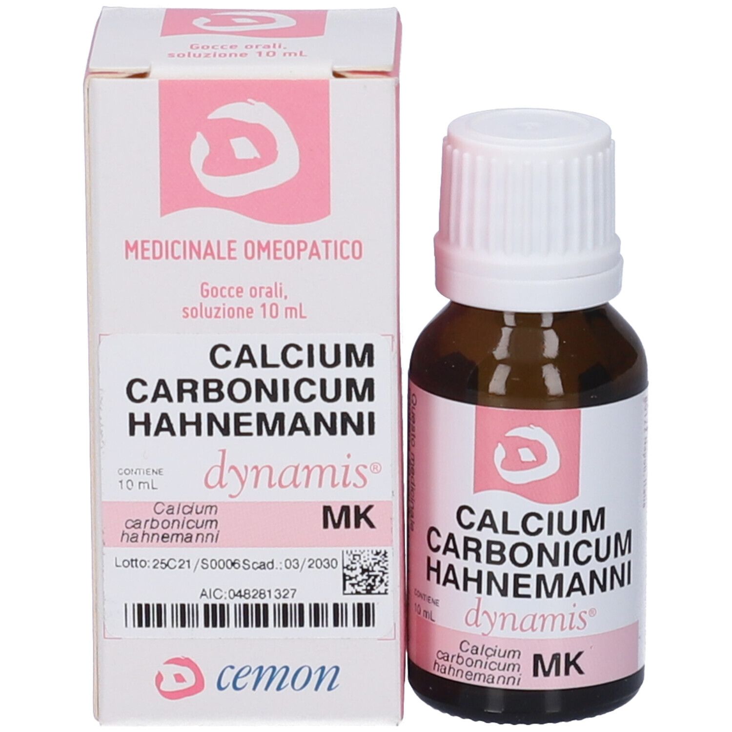 Flacone di vetro marrone con tappo bianco ed etichetta rosa. Accanto, una scatola con informazioni sul prodotto. L'etichetta riporta "CALCIUM CARBONICUM HAHNEMANNI dynamis MK".