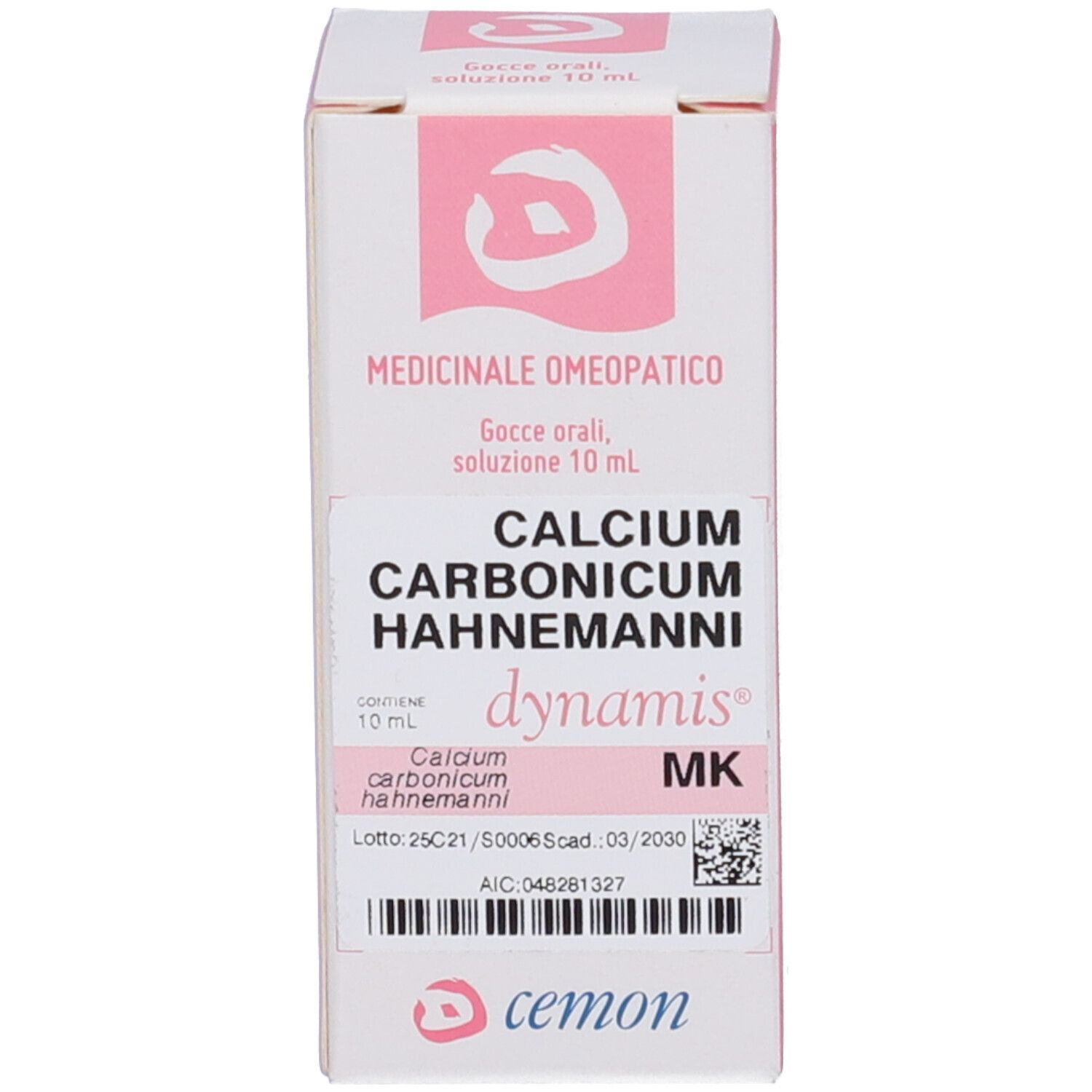 Confezione del prodotto con informazioni sul prodotto. Sulla confezione è riportato "CALCIUM CARBONICUM HAHNEMANNI dynamis MK".