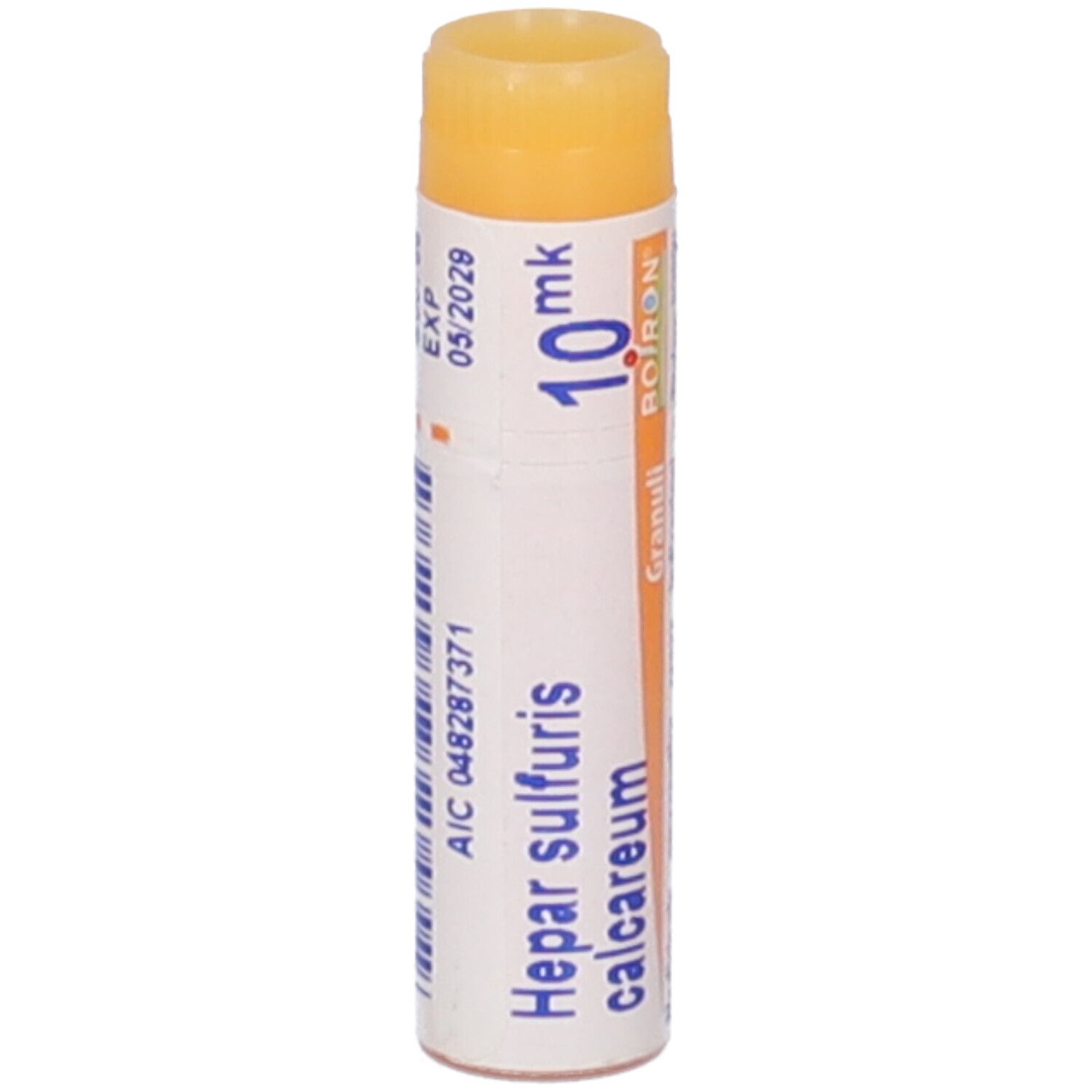 Tubo cilindrico con tappo giallo. Scritta: Hepar sulfuris calcareum 10 mk, BOIRON, Granuli.