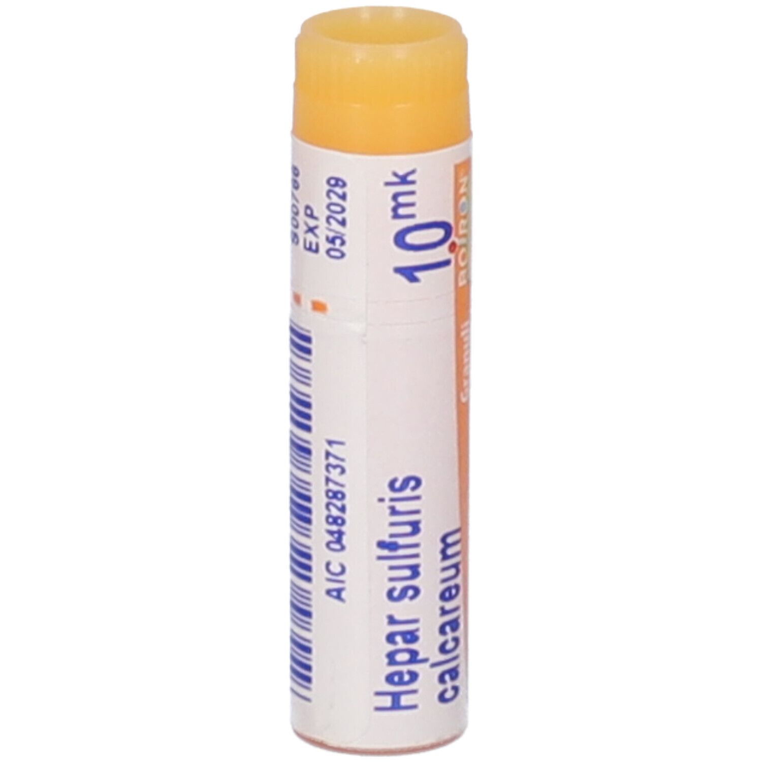 Tubo cilindrico con tappo giallo. Scritta: Hepar sulfuris calcareum 10 mk, BOIRON, data di scadenza.