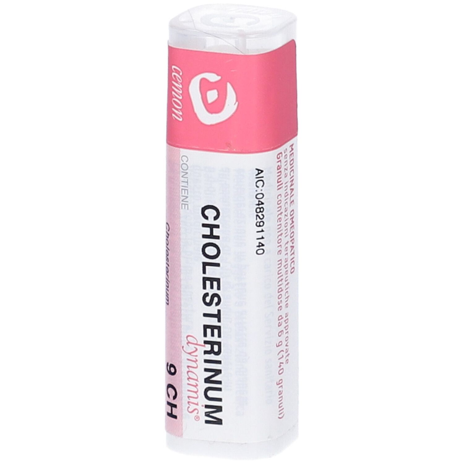 Confezione cilindrica bianca con etichetta rosa. Scritta: CHOLESTERINUM dynamis 9 CH.