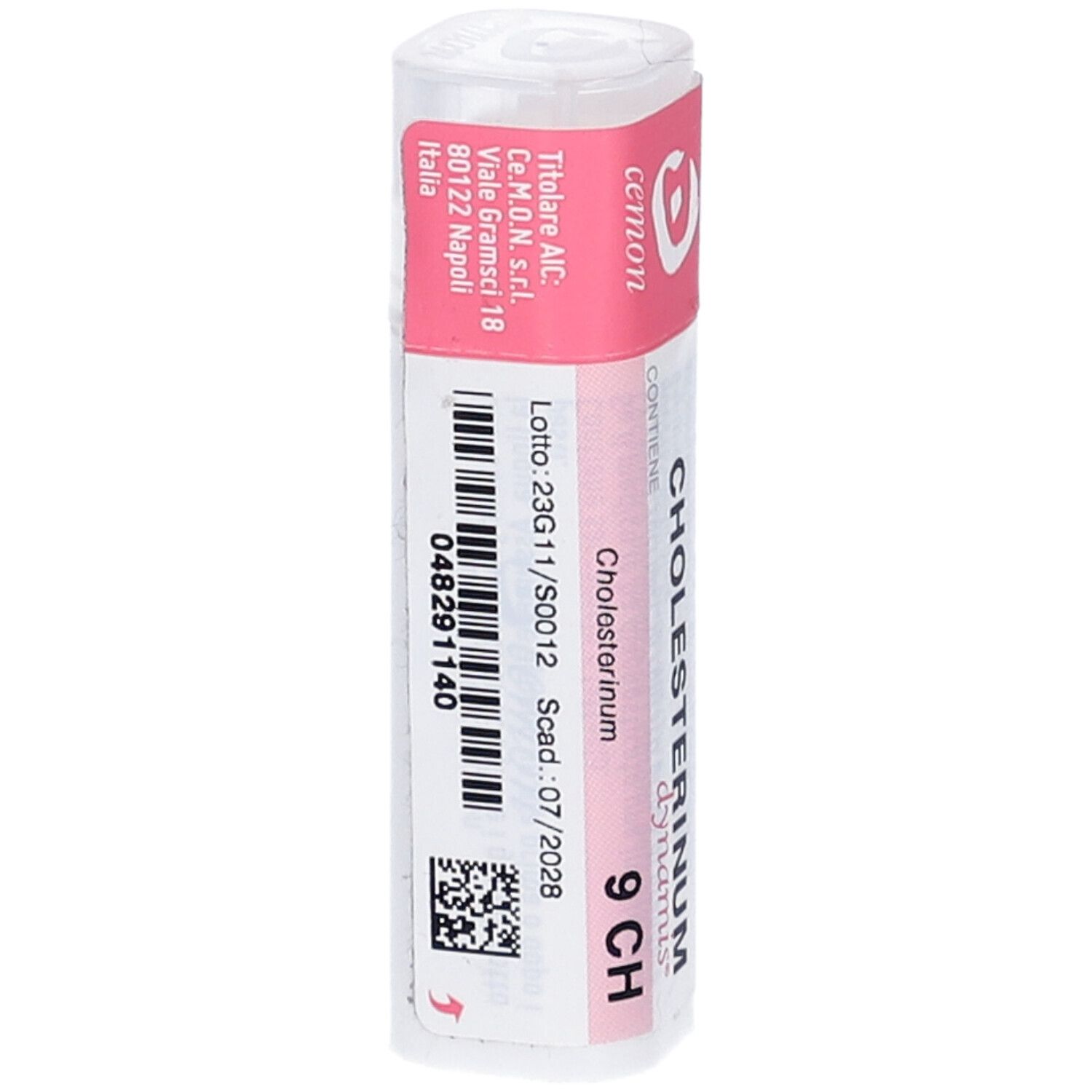 Confezione cilindrica con etichetta rosa. Scritta: CHOLESTERINUM 9 CH, numero di lotto, data di scadenza.