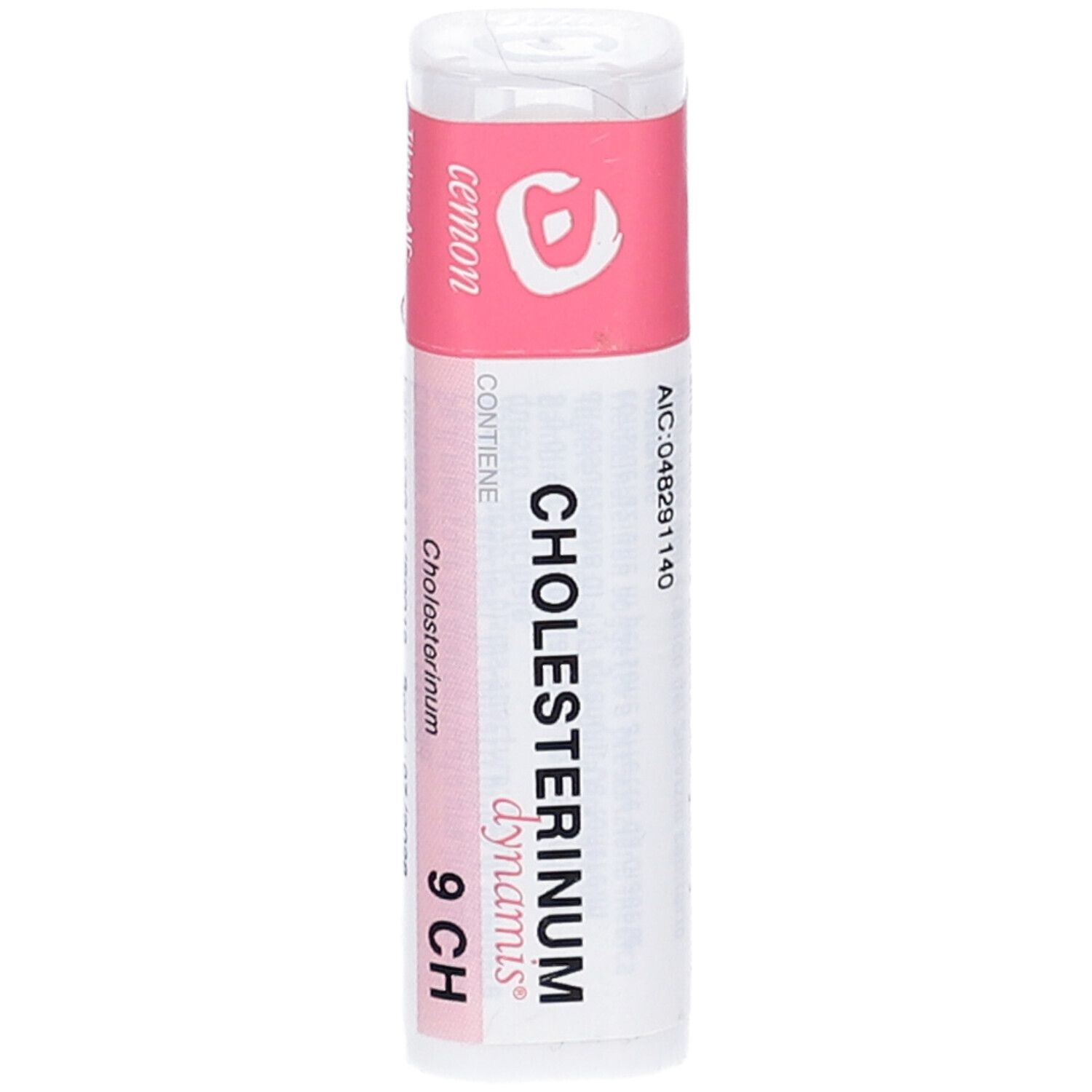 Confezione cilindrica con etichetta rosa. Scritta: cemon, CHOLESTERINUM dynamis 9 CH.