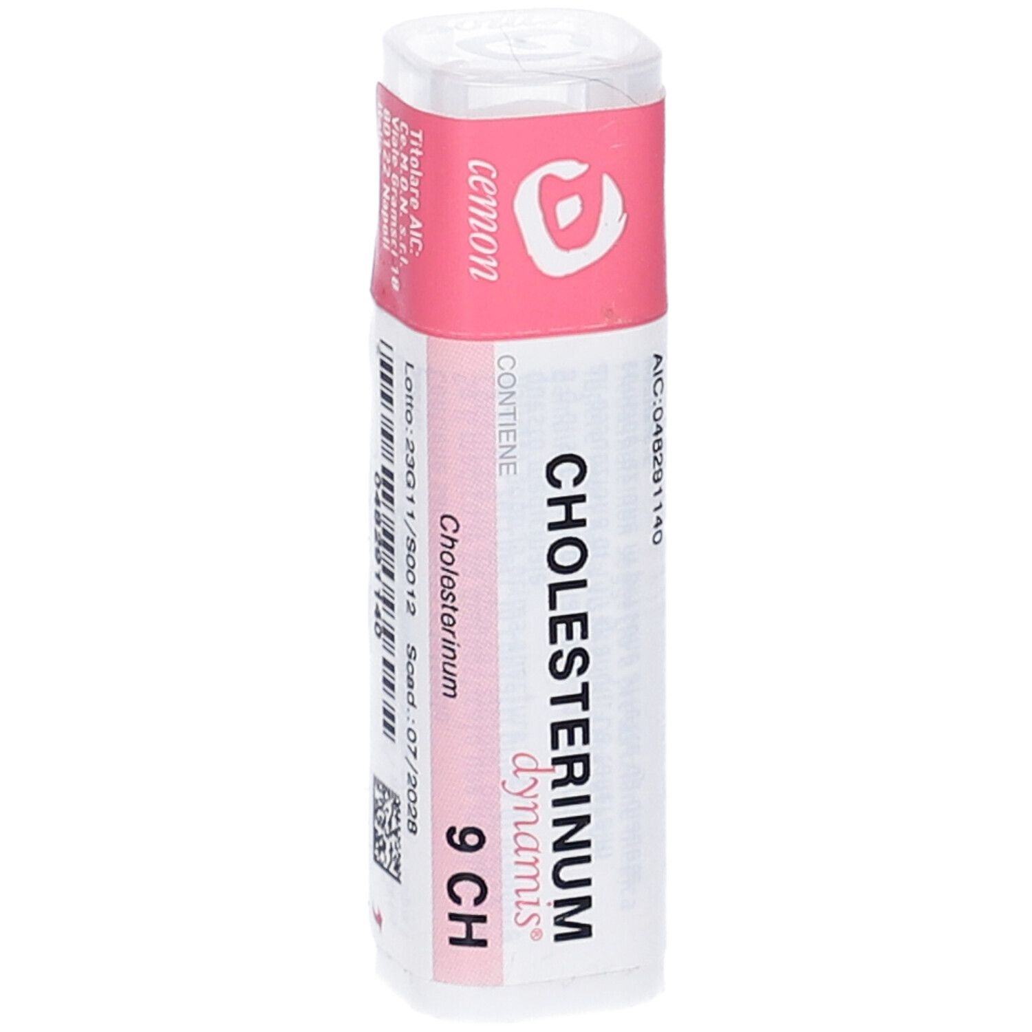 Confezione cilindrica con etichetta rosa. Scritta: cemon, CHOLESTERINUM 9 CH, numero di lotto, data di scadenza.