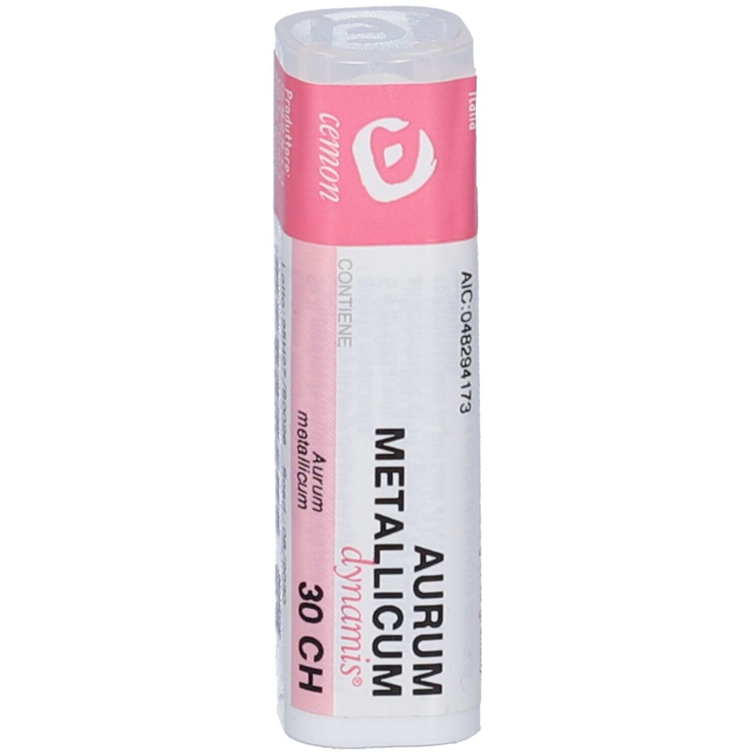 Flacone cilindrico con etichetta rosa. Scritta: Aurum Metallicum Dynamis 30 CH. Informazioni produttore e numero di lotto.