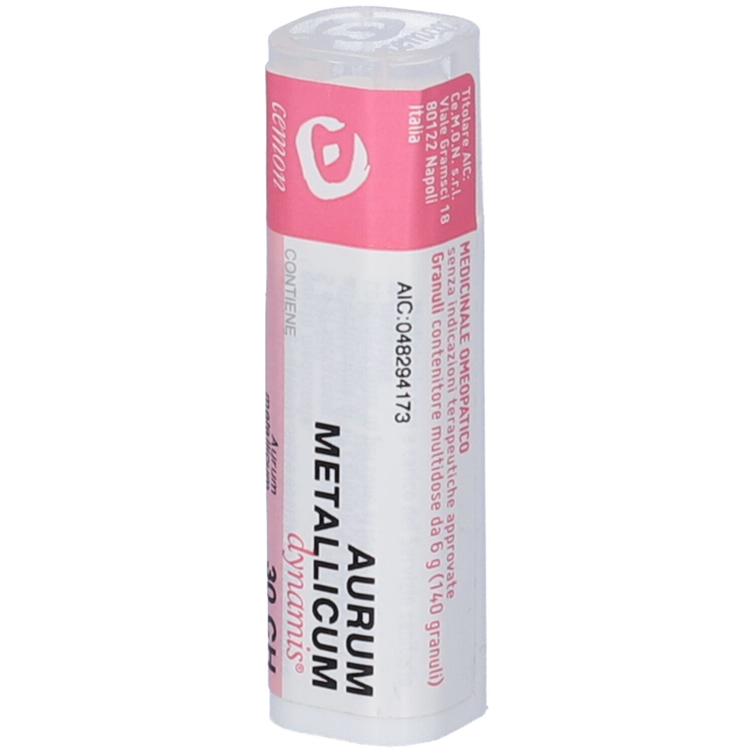 Flacone cilindrico con etichetta rosa. Scritta: Aurum Metallicum Dynamis 30 CH. Informazioni produttore e numero di lotto.