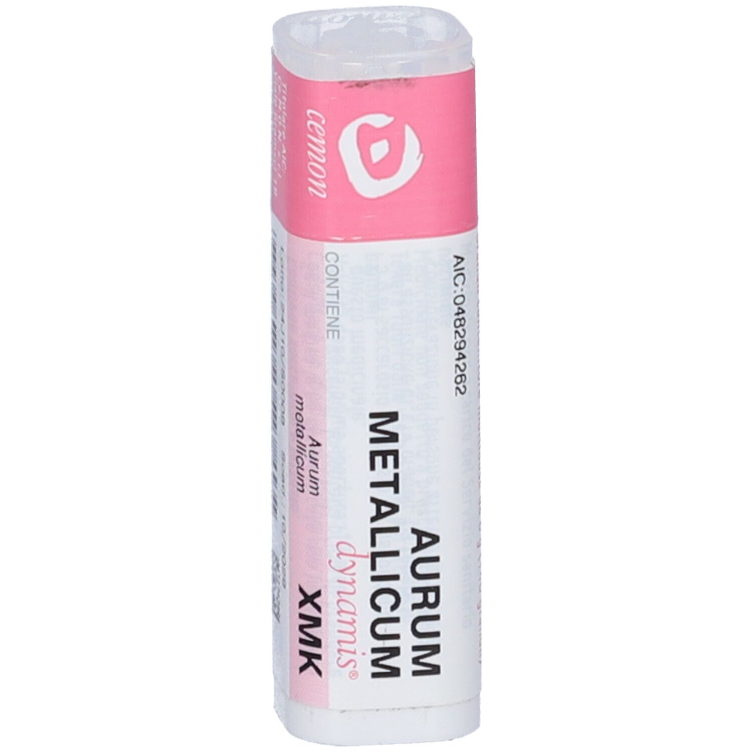 Contenitore multidose cilindrico. Etichetta rosa con nome prodotto e logo. Contiene granuli. Coperchio con apertura.