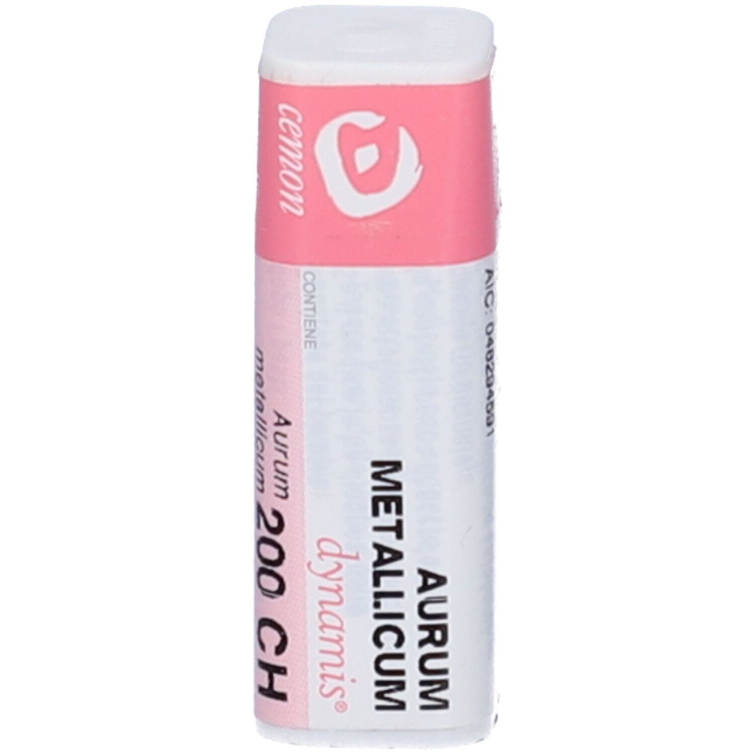 Flacone cilindrico bianco con fascia rosa. Scritte: Aurum Metallicum 200 CH, cemon, dynamis.
