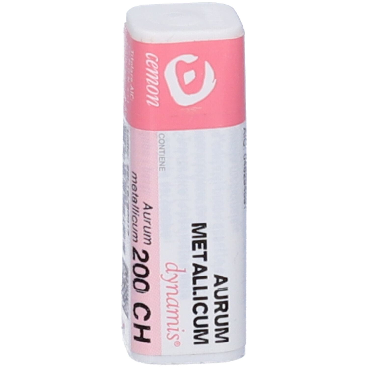 Flacone cilindrico bianco con fascia rosa. Scritte: Aurum Metallicum 200 CH, cemon, dynamis.