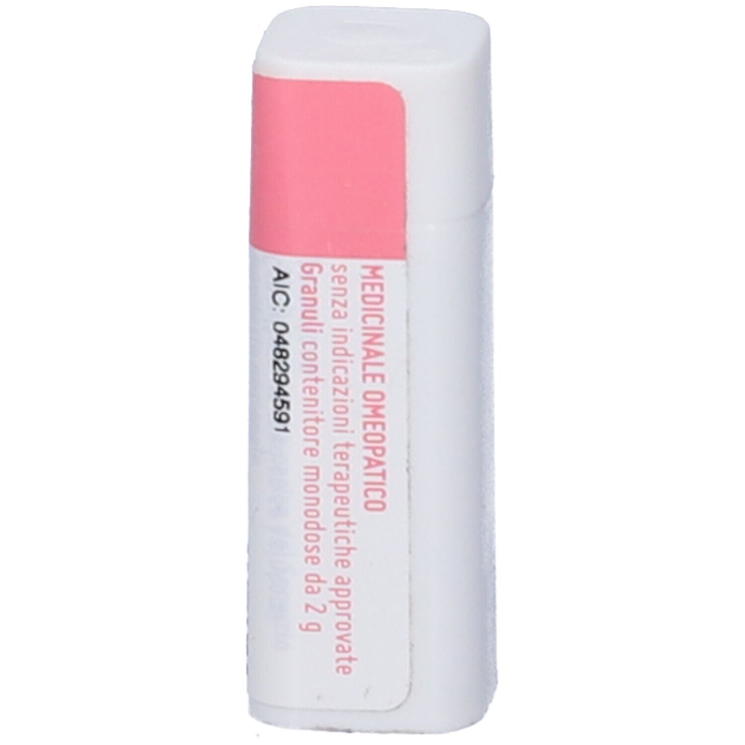 Flacone cilindrico bianco con fascia rosa ed etichetta. Scritte: prodotto medico, numero AIC.