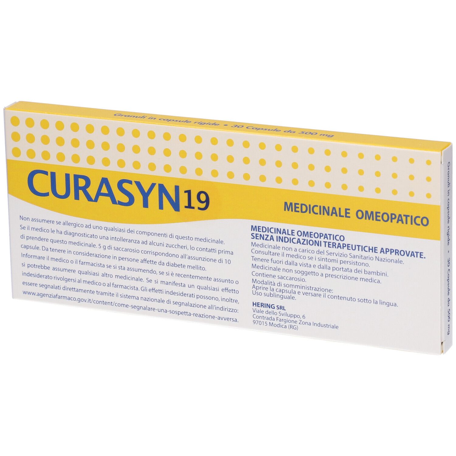Scatola bianca con dettagli gialli. Scritto "CURASYN 19". Testo in italiano. "MEDICINALE OMEOPATICO" in alto.