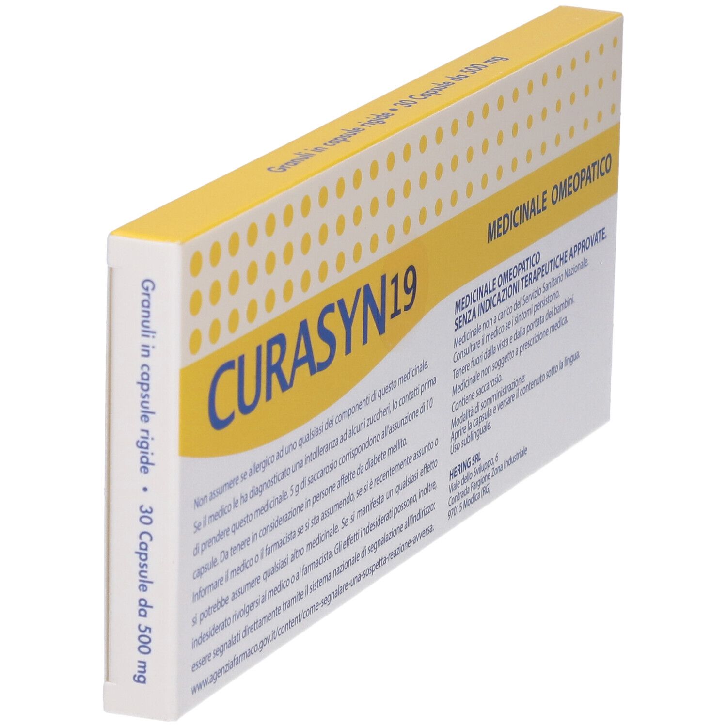 Scatola con elementi gialli e bianchi. Scritto "CURASYN 19". Testo: "Granuli in capsule rigide 30 Capsule da 500 mg".