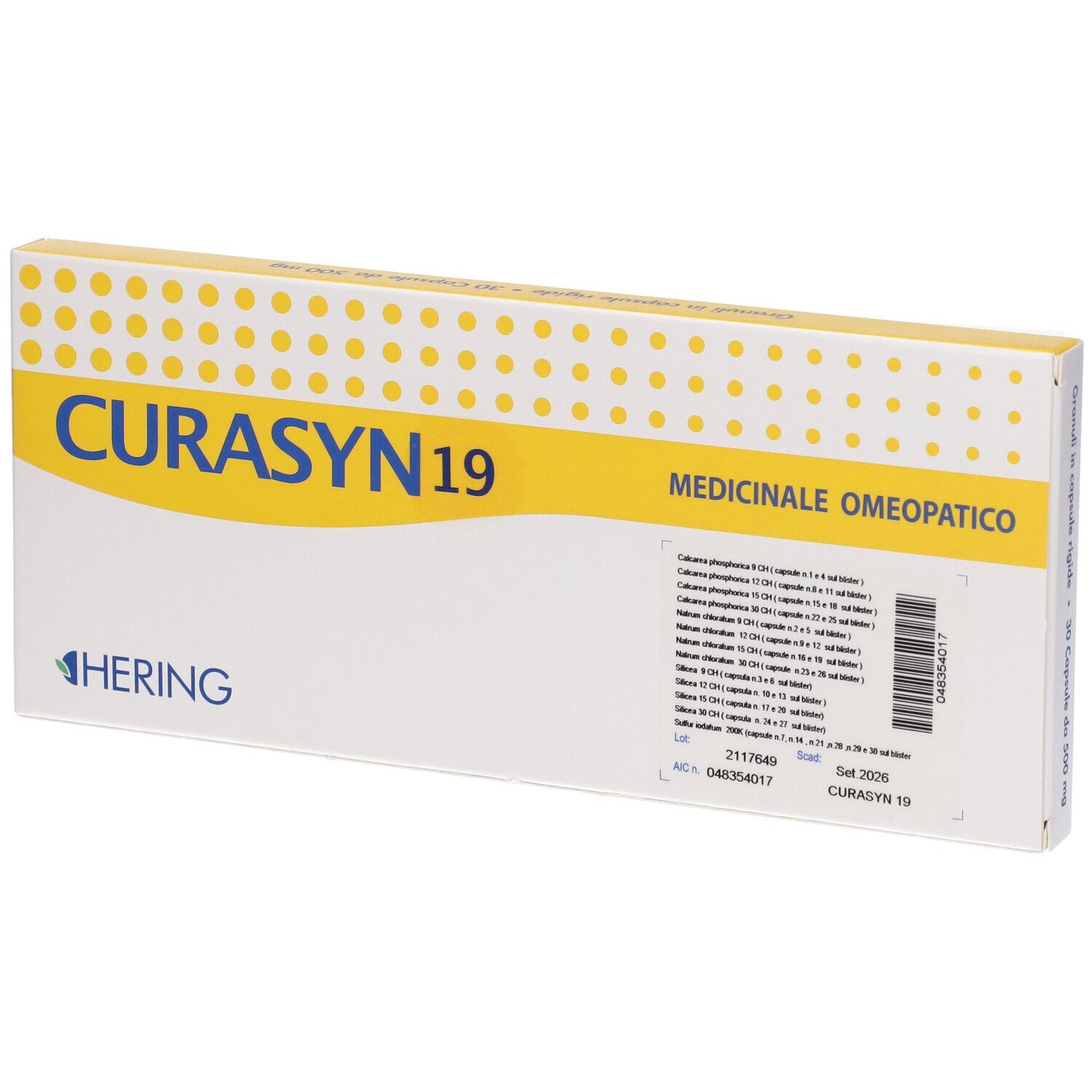 Scatola bianca con dettagli gialli. Scritto "CURASYN 19" e "HERING". Testo in italiano. "MEDICINALE OMEOPATICO" in alto.
