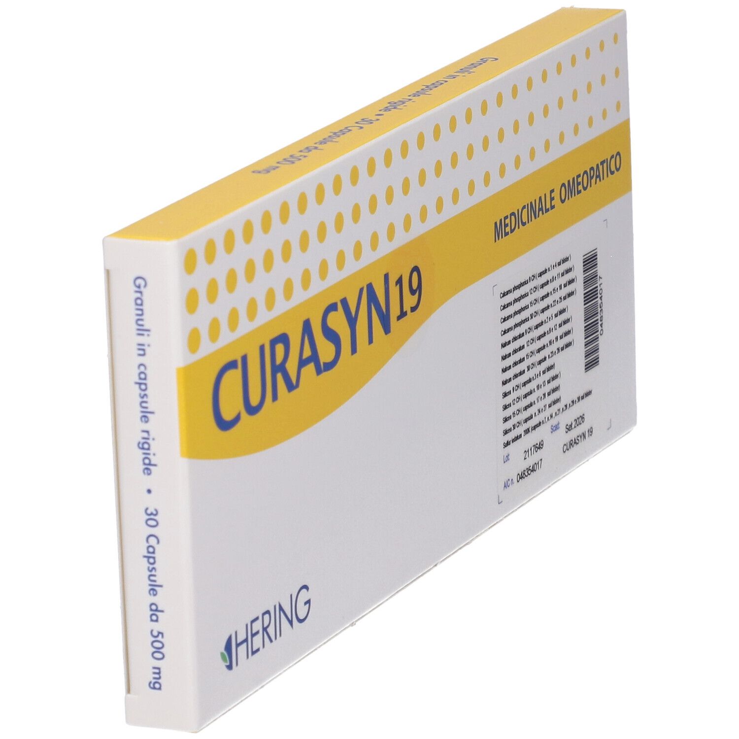 Scatola con elementi gialli e bianchi. Scritto "CURASYN 19". Testo: "Granuli in capsule rigide 30 Capsule da 500 mg".
