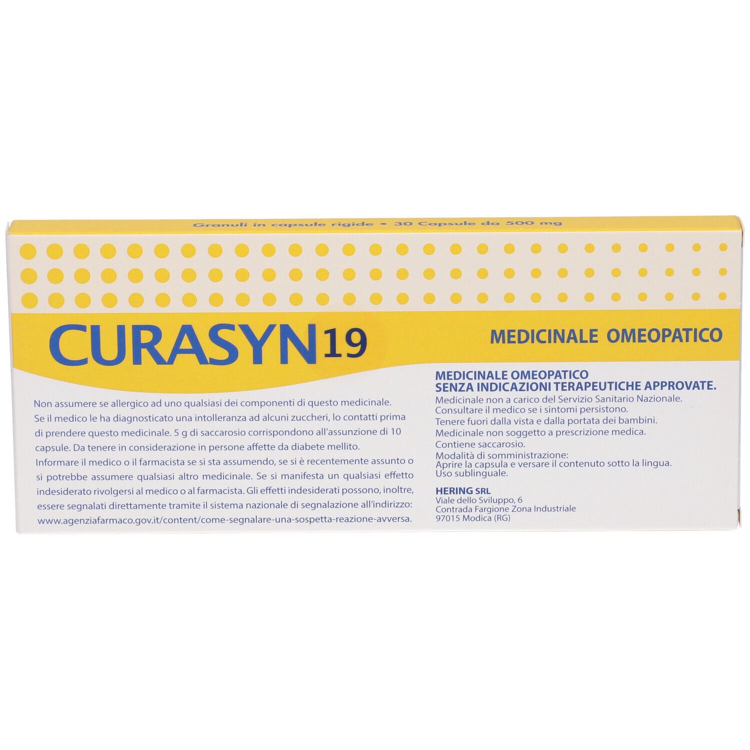 Scatola bianca con dettagli gialli. Scritto "CURASYN 19". Testo in italiano. "MEDICINALE OMEOPATICO" in alto.