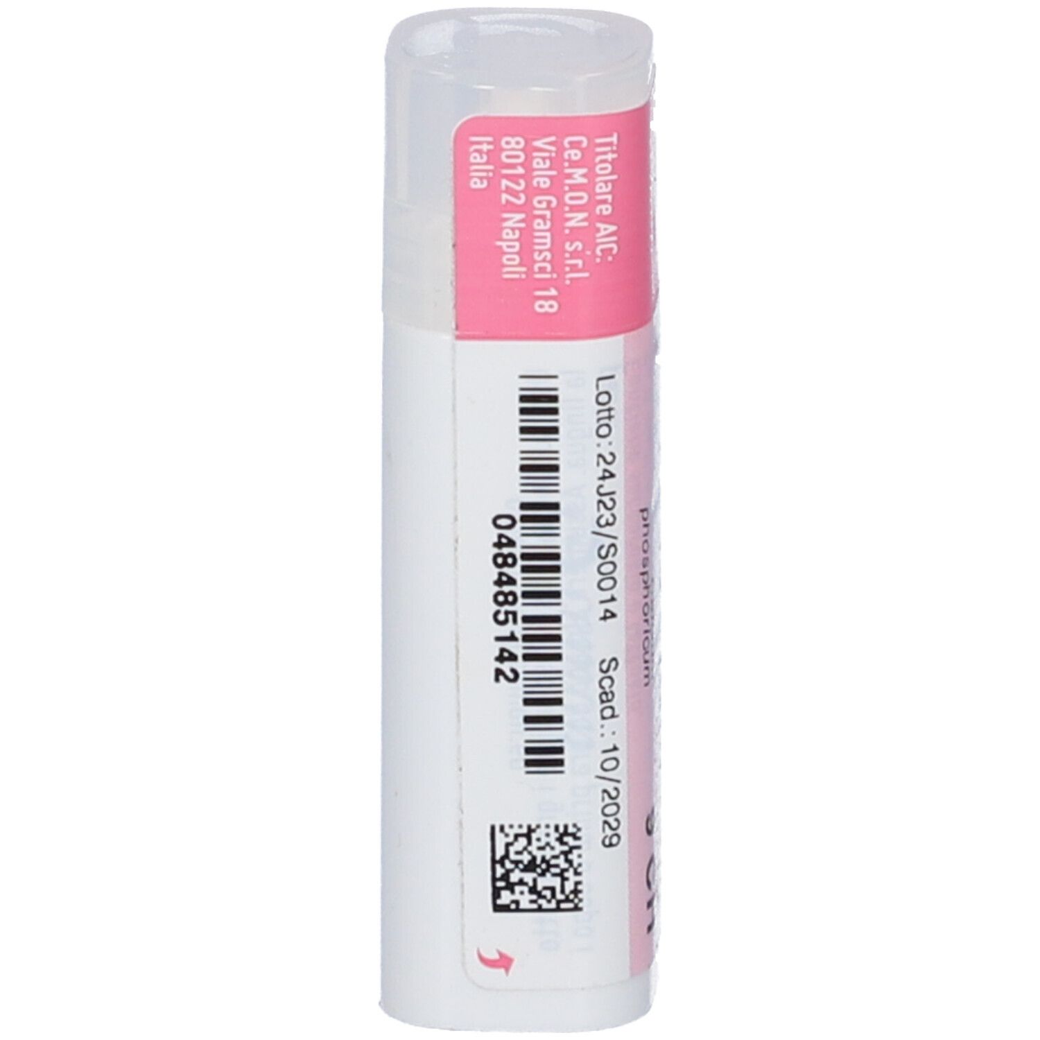 Flacone multidose cilindrico, etichetta rosa e bianca. Codice a barre e numero di lotto visibili. Produttore: Cemon.