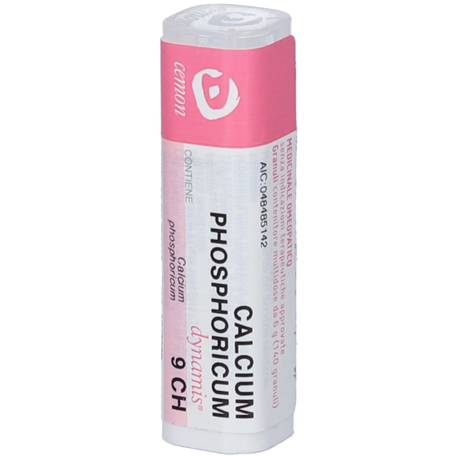 Flacone multidose cilindrico, etichetta rosa e bianca. Scritta: Calcium Phosphoricum dynamis 9 CH. Produttore: Cemon.