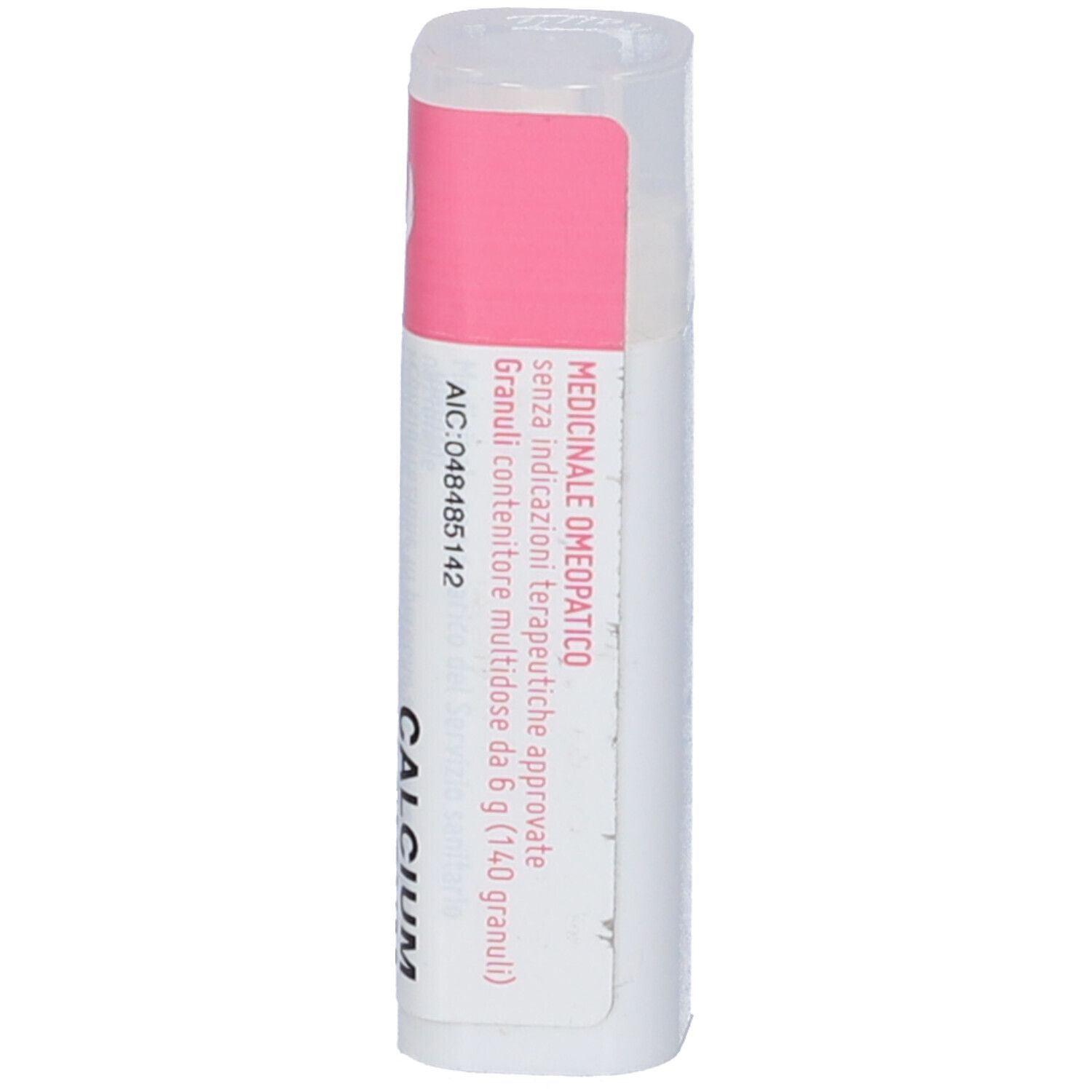 Flacone multidose cilindrico, etichetta rosa e bianca. Scritta: Calcium. Produttore: Cemon.